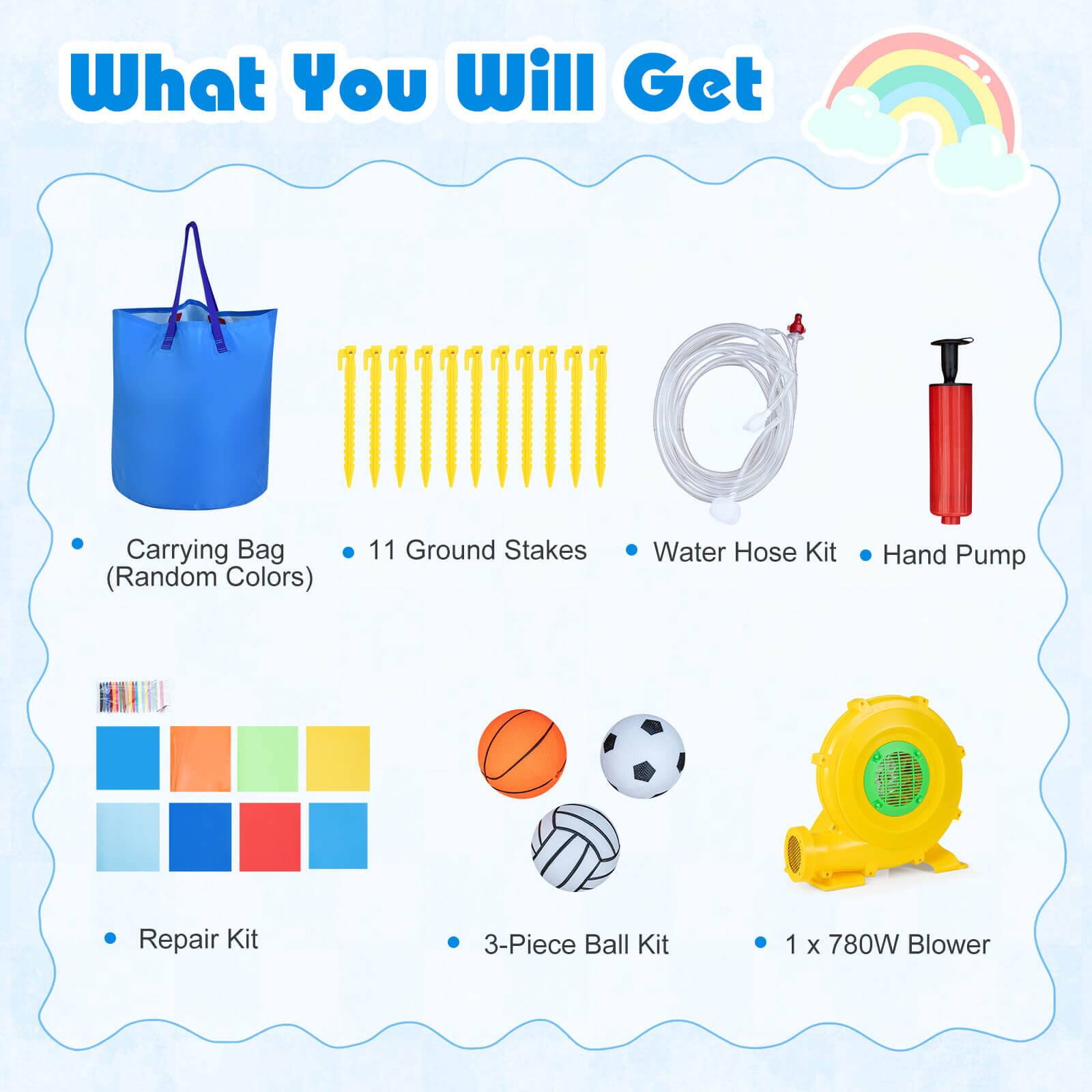 What You Will Get

- Carrying Bag (Random Colors)
- 11 Ground Stakes
- Water Hose Kit
- Hand Pump
- Repair Kit
- 3-Piece Ball Kit
- 1 x 780W Blower