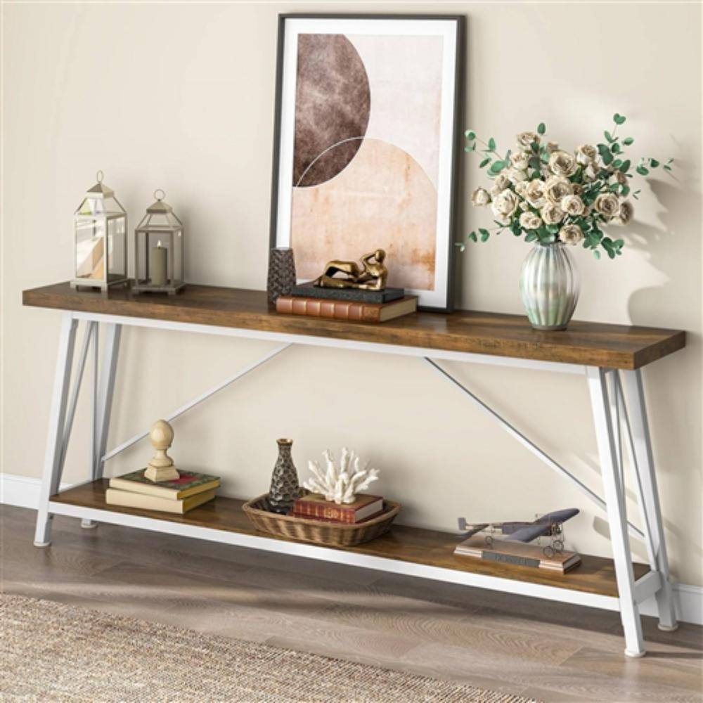 Back. Hivvago - Heavy Duty 70-inch Industrial Brown Wood Top Sofa Table with White Metal Frame - Brown & White.
