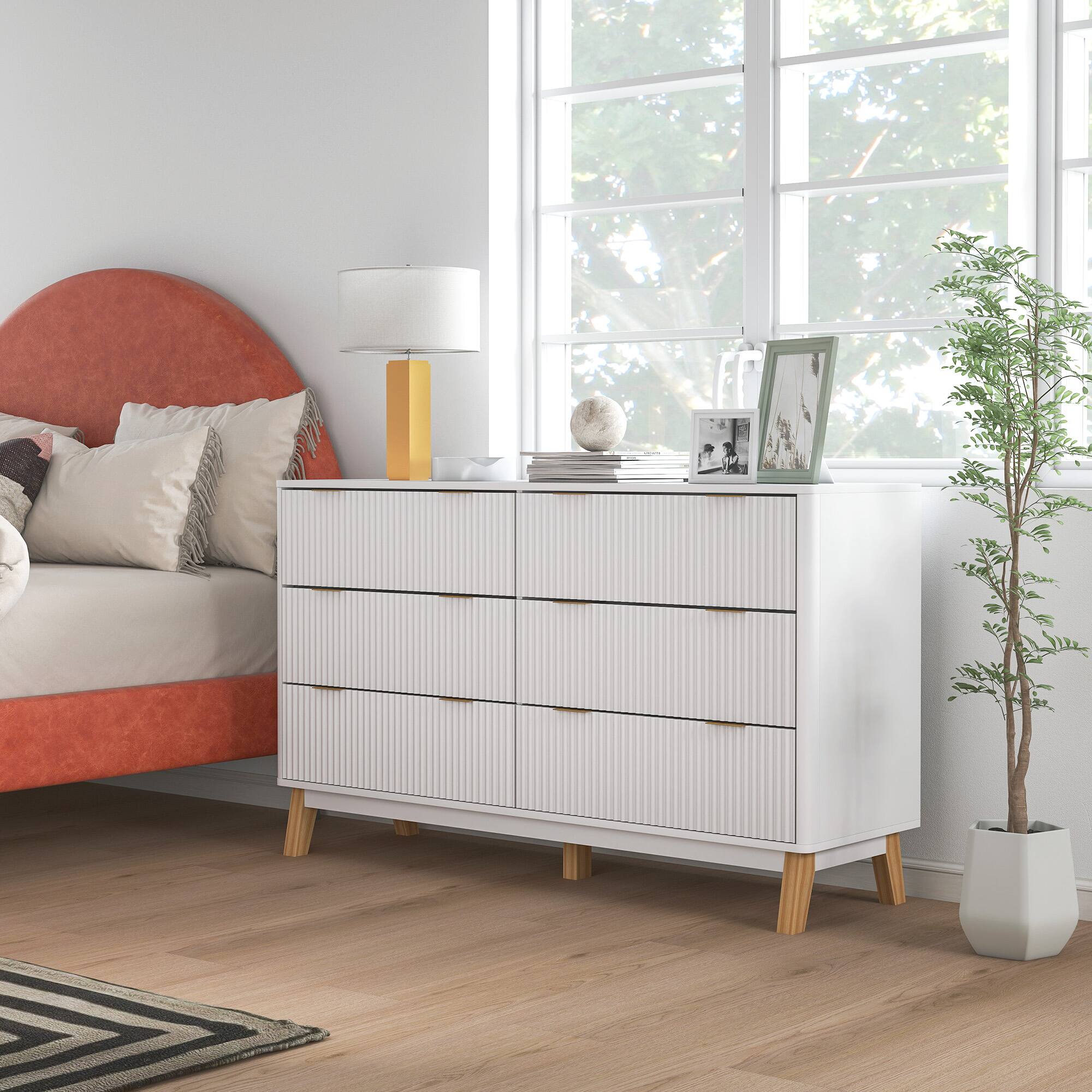 Alt View 7. Homcom - Fluted Dresser for Bedroom with 6 Drawers, 54" Wide Chest of Drawers with Gold Finger Pulls and 5 Wood Legs - White.
