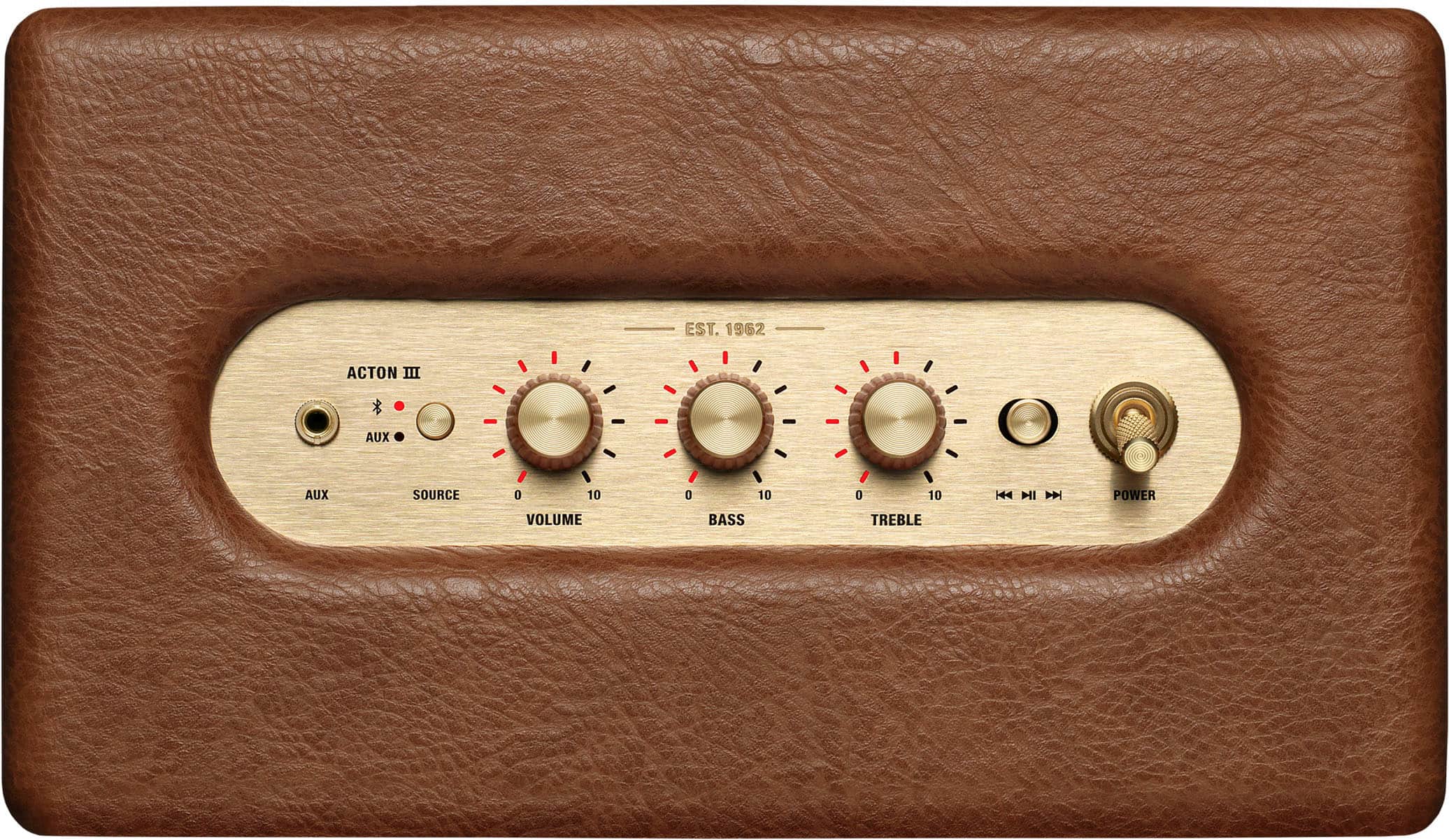 The text on the image is grouped and corrected as follows:
"EST. 1962 ACTON III AUX AUX SOURCE 0 10 0 10 0 10 H4 I M POWER VOLUME BASS TREBLE"