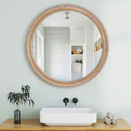 Kadyn - 27.5" Round Wooden Farmhouse Mirror with Whitewash Edge, Decorative Hanging Mirror for Bathroom/Bedroom, Antique Natural