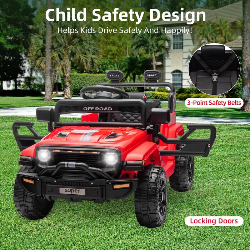 Child Safety Design Helps Kids Drive Safely And Happily!  
SPORT OFF ROAD  
3-Point Safety Belts  
Super Locking Doors