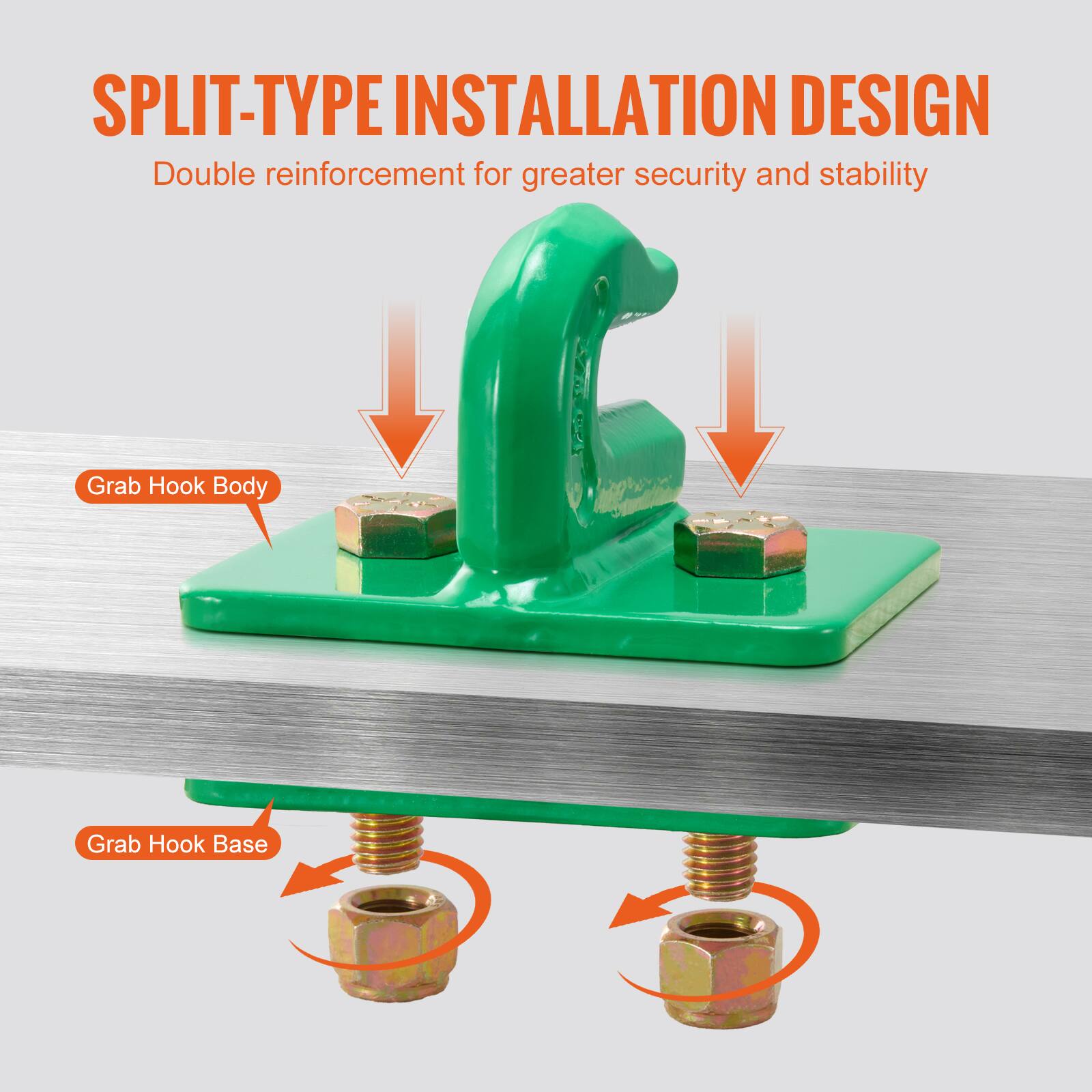 SPLIT-TYPE INSTALLATION DESIGN  
Double reinforcement for greater security and stability  

Grab Hook Body  
Grab Hook Base