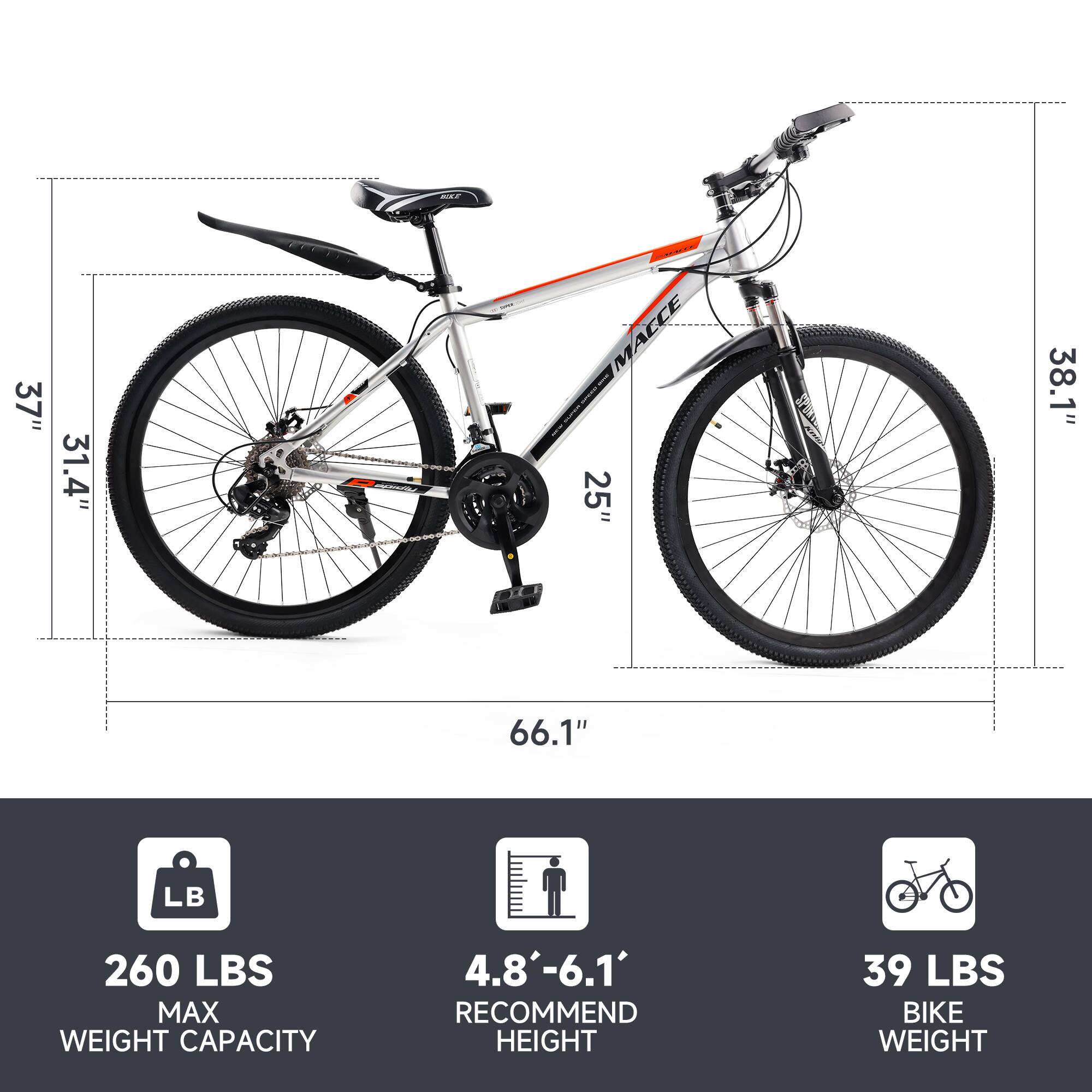 - **Dimensions:**
  - Front wheel: 31.4"
  - Rear wheel: 37"
  - Seat height: 25"
  - Overall length: 66.1"
  - Overall width: 38.1"

- **Specifications:**
  - Max weight capacity: 260 lbs
  - Recommended height: 4.8' - 6.1'
  - Bike weight: 39 lbs