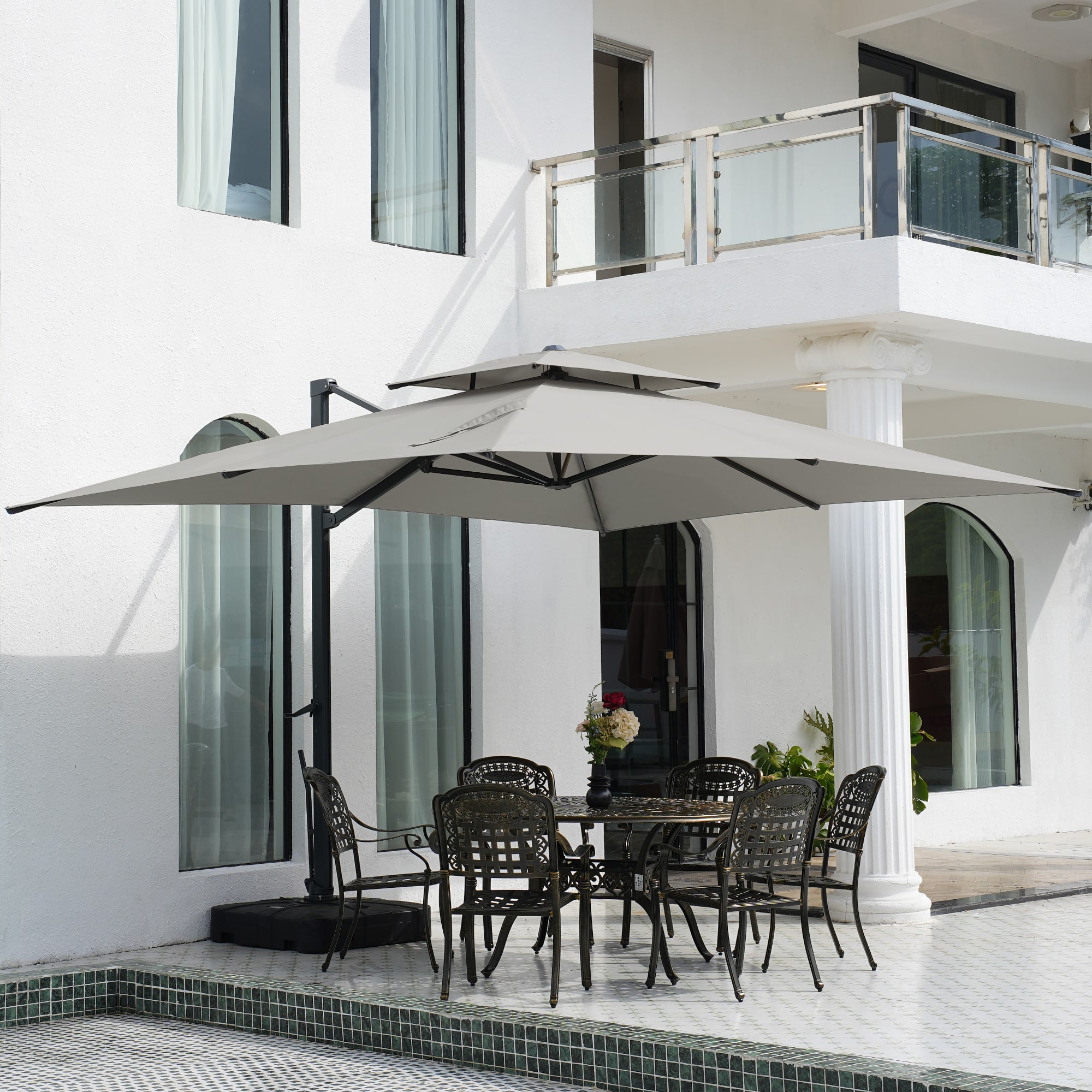 Mondawe - 10*13ft Patio Cantilever Umbrella Double Top Offset Umbrella with Base - Gray