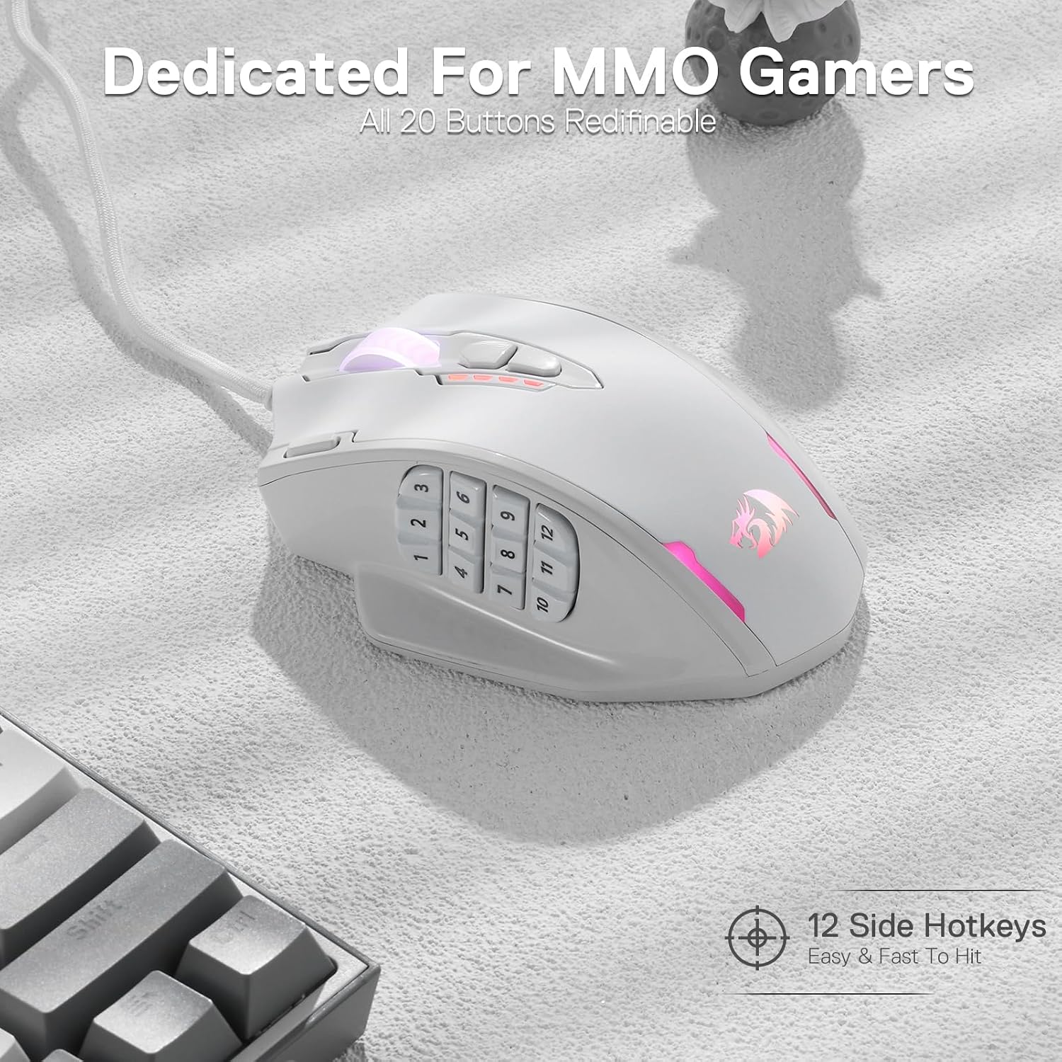 Dedicated For MMO Gamers  
All 20 Buttons Redifinable

3 2 1  
6 5 A  
9 8 7  
12 11 10  

12 Side Hotkeys  
Easy & Fast To Hit