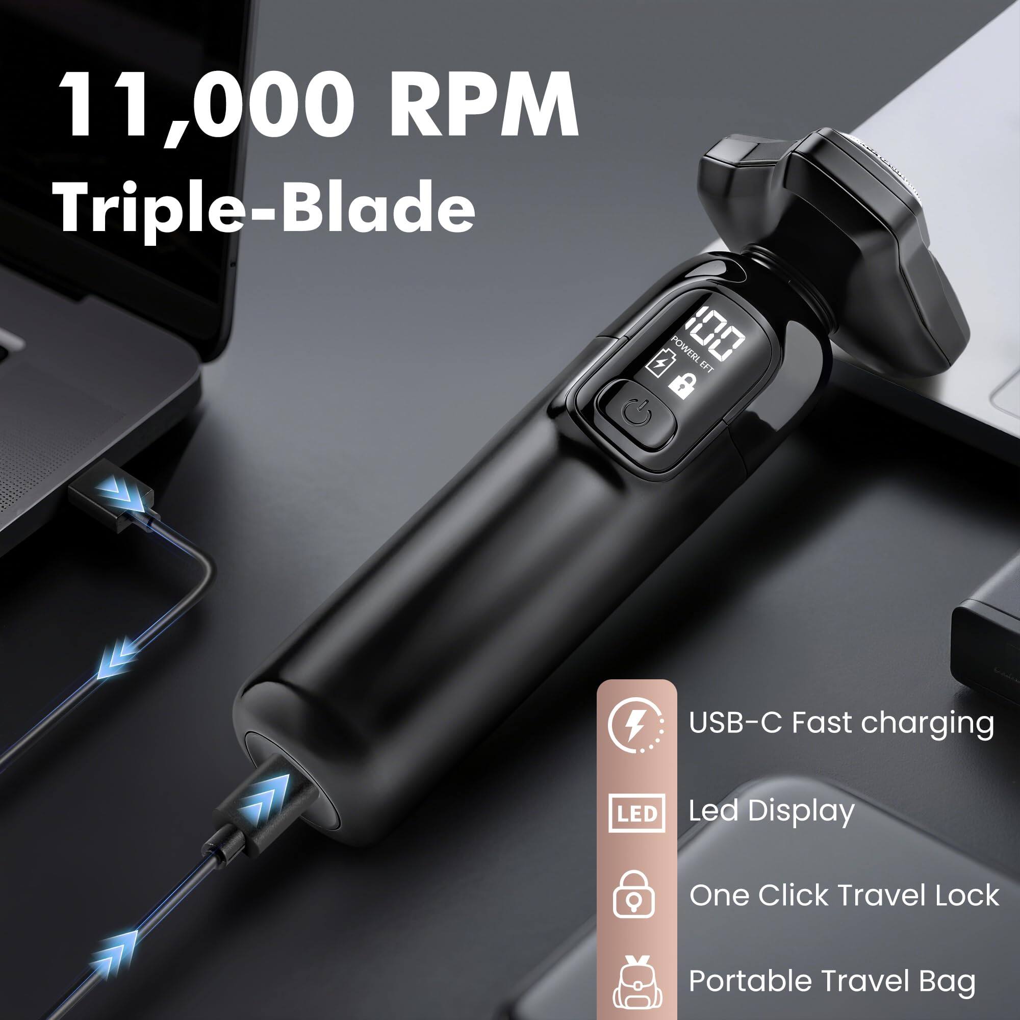 11,000 RPM Triple-Blade

- USB-C Fast charging
- LED Display
- One Click Travel Lock
- Portable Travel Bag