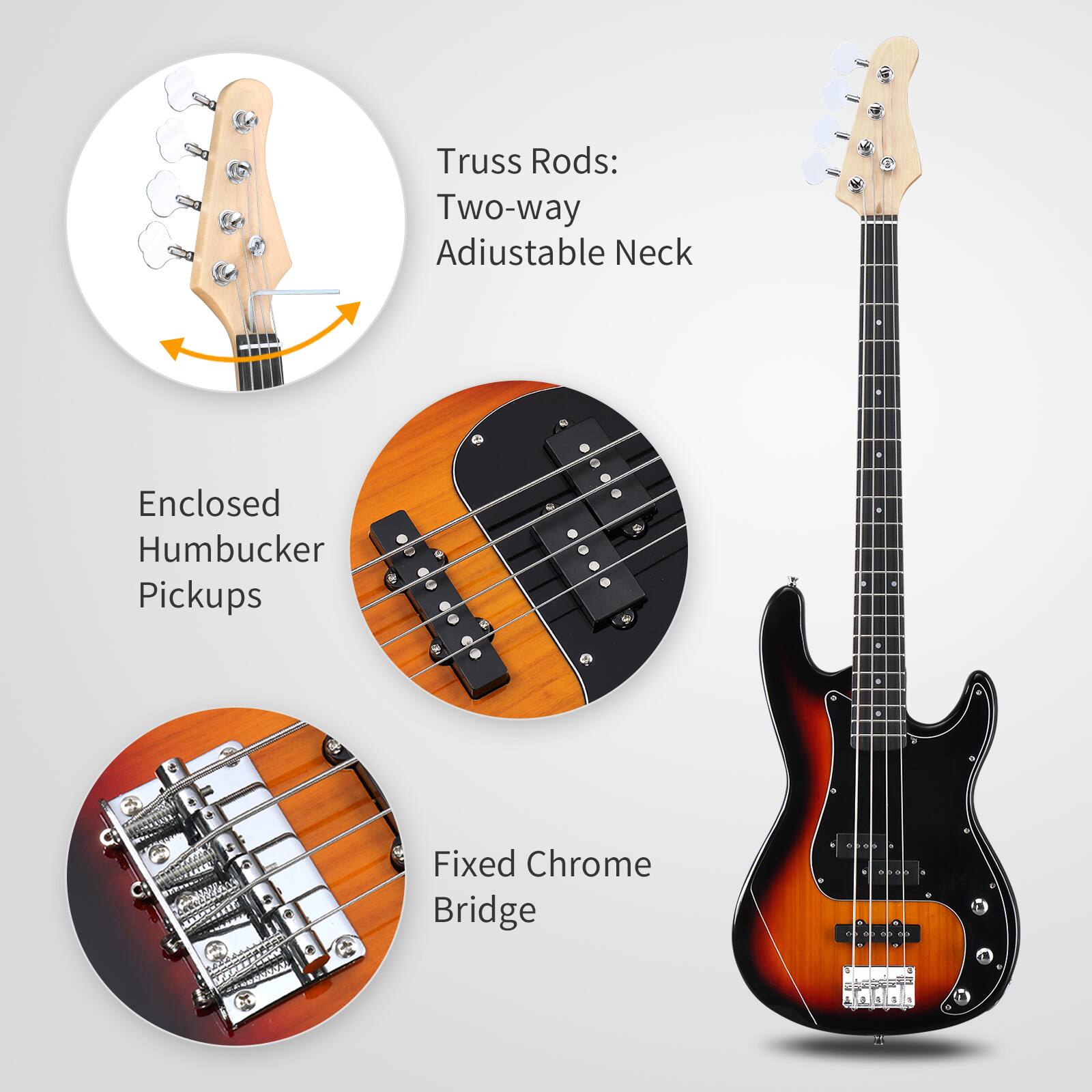 Truss Rods: Two-way Adjustable Neck  
Enclosed Humbucker Pickups  
Fixed Chrome Bridge