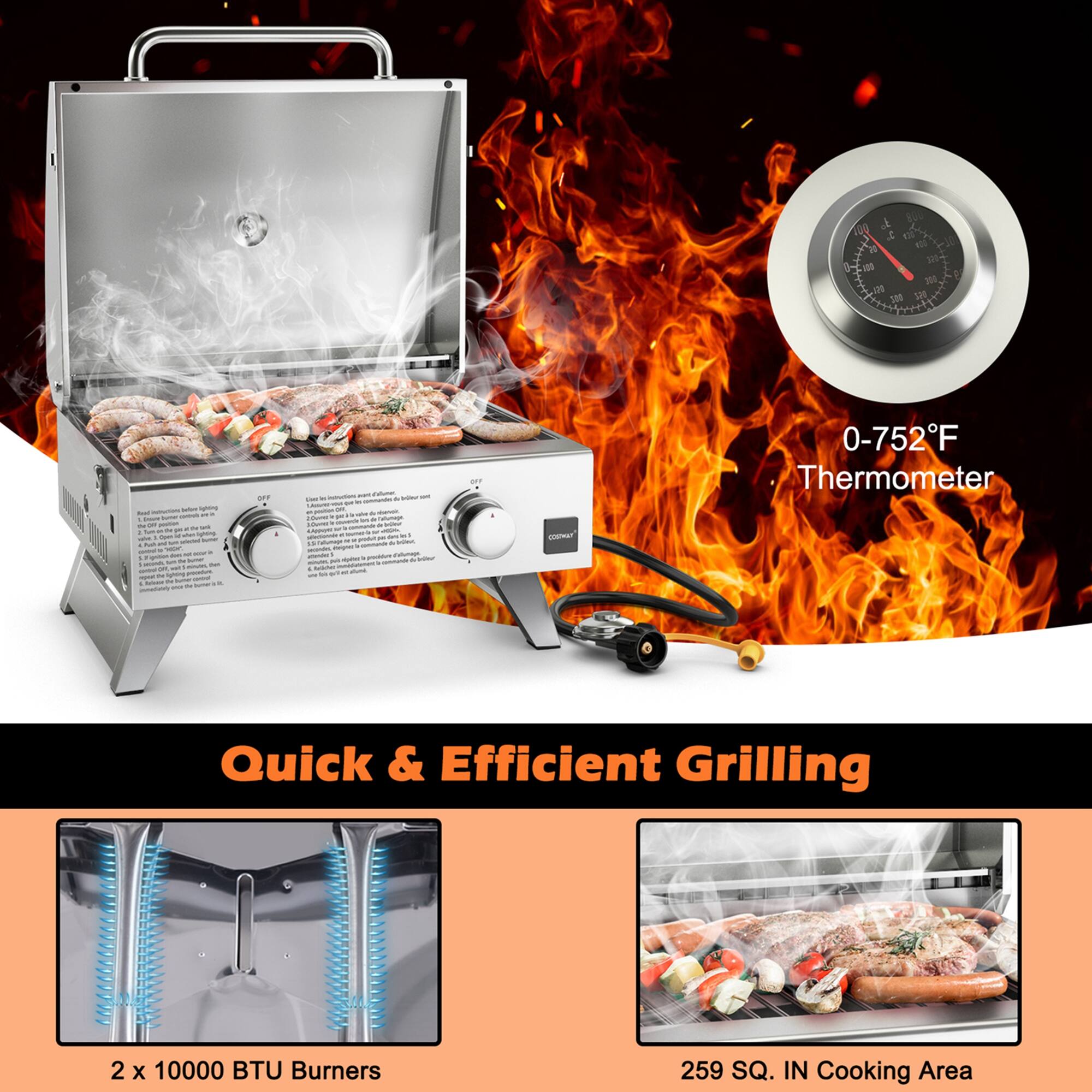 Quick & Efficient Grilling 2 x 10000 BTU Burners 259 SQ. IN Cooking Area