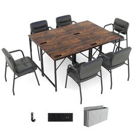 Costway - 32" Meeting Room Desk Set of 4 with Charging Station & Headphone Hook Metal Frame - Brown,Black