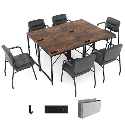 Front. Costway - Costway 32" Meeting Room Desk Set of 4 with Charging Station & Headphone Hook Metal Frame - Brown,Black.