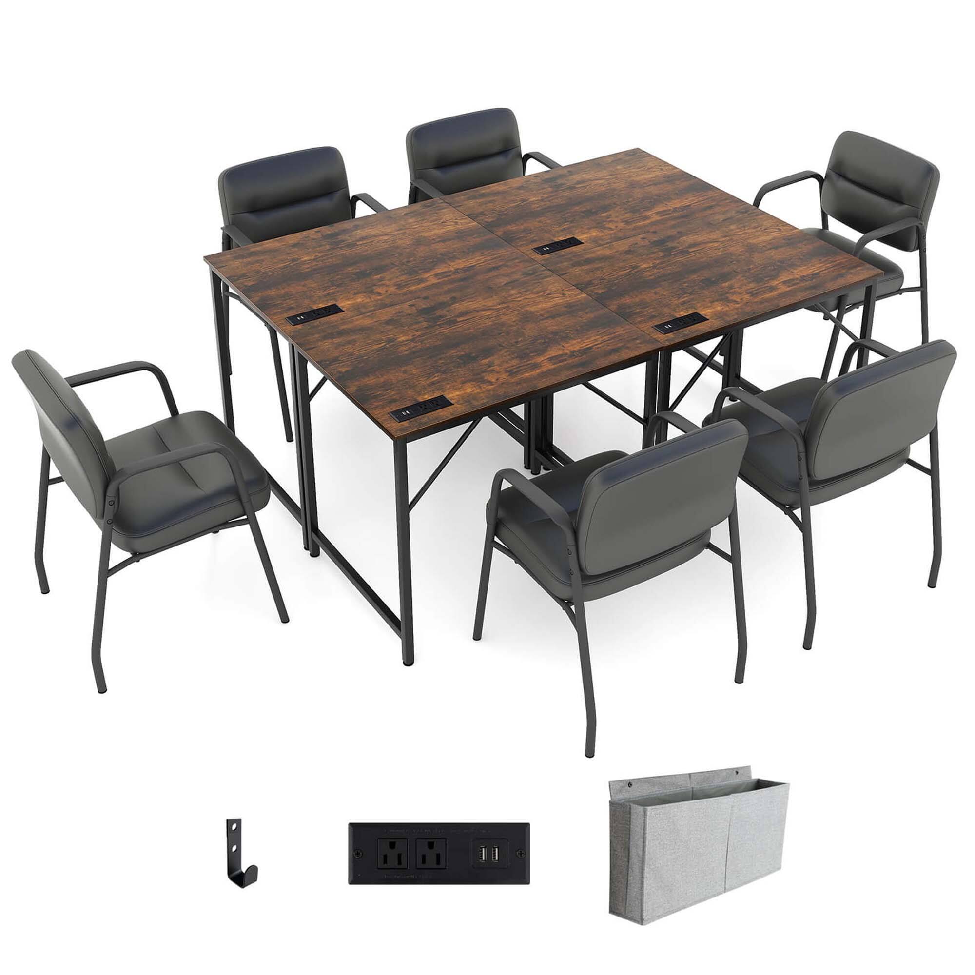 Front. Costway - Costway 32" Meeting Room Desk Set of 4 with Charging Station & Headphone Hook Metal Frame - Brown,Black.