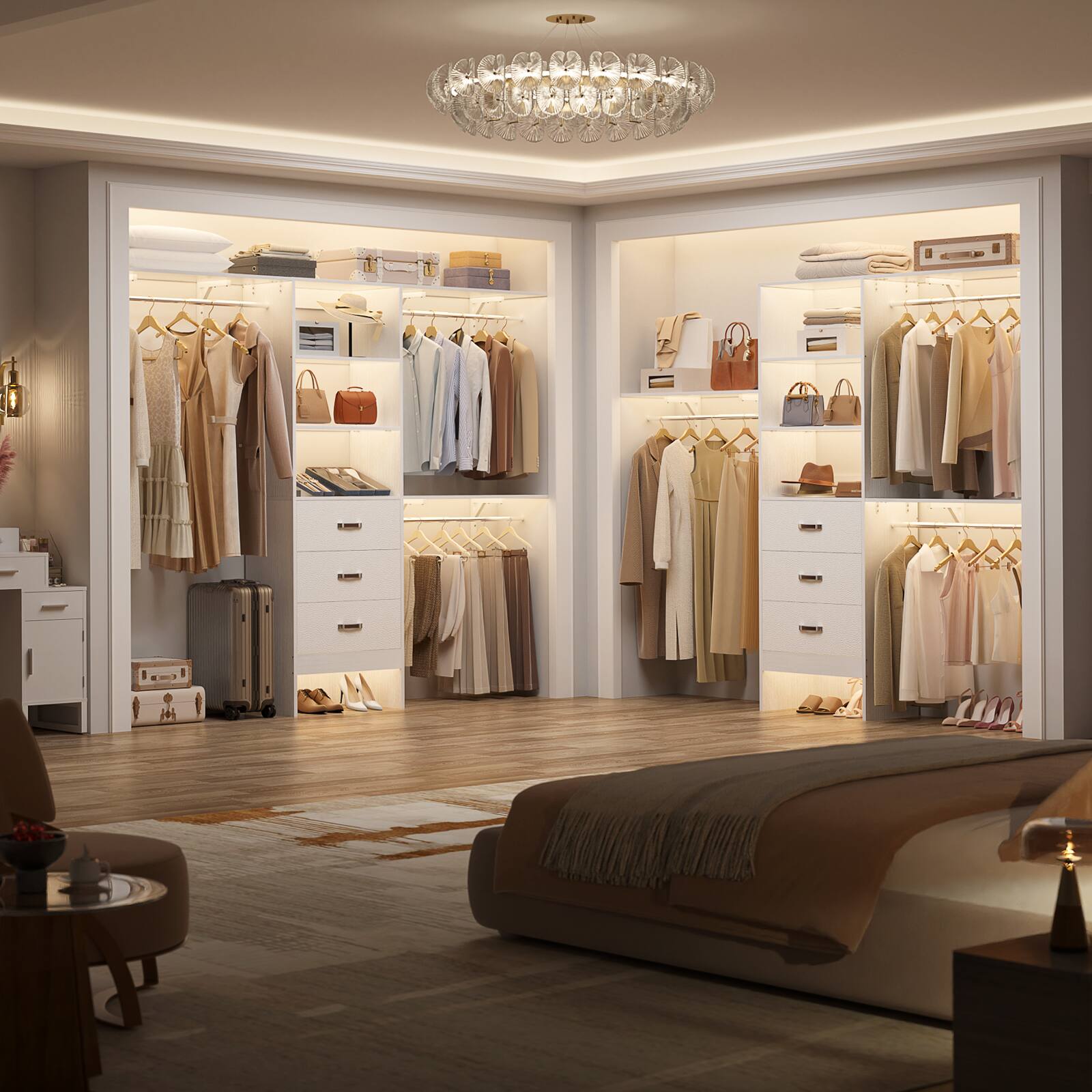 Alt View 4. Aheaplus - 20.2'' - 96'' W Closet System, Walk In Closet Organizer with 3 Shelving Towers, 3 Hanging Rods, and 3 Drawers, 75'' High - Beige Oak.