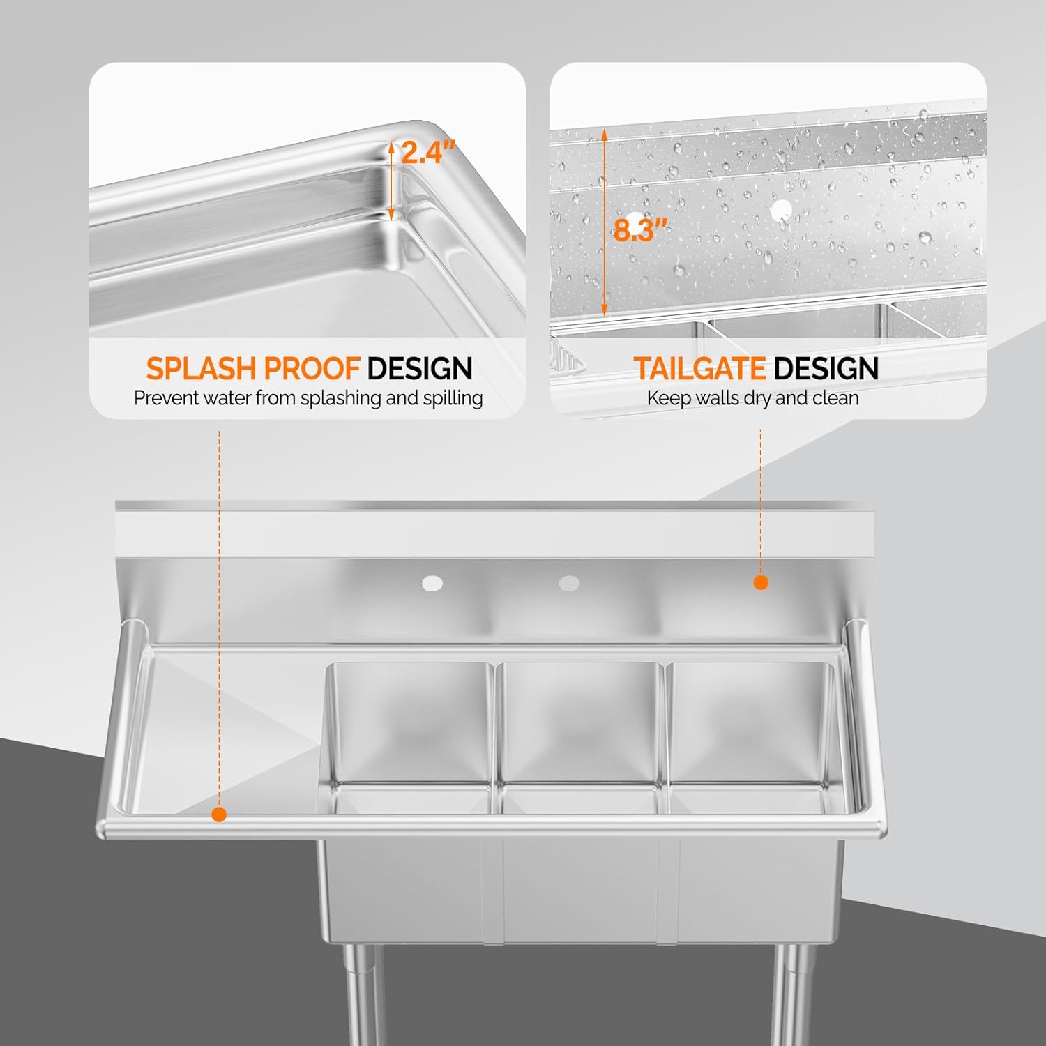 2.4" 8.3" SPLASH PROOF DESIGN Prevent water from splashing and spilling TAILGATE DESIGN Keep walls dry and clean