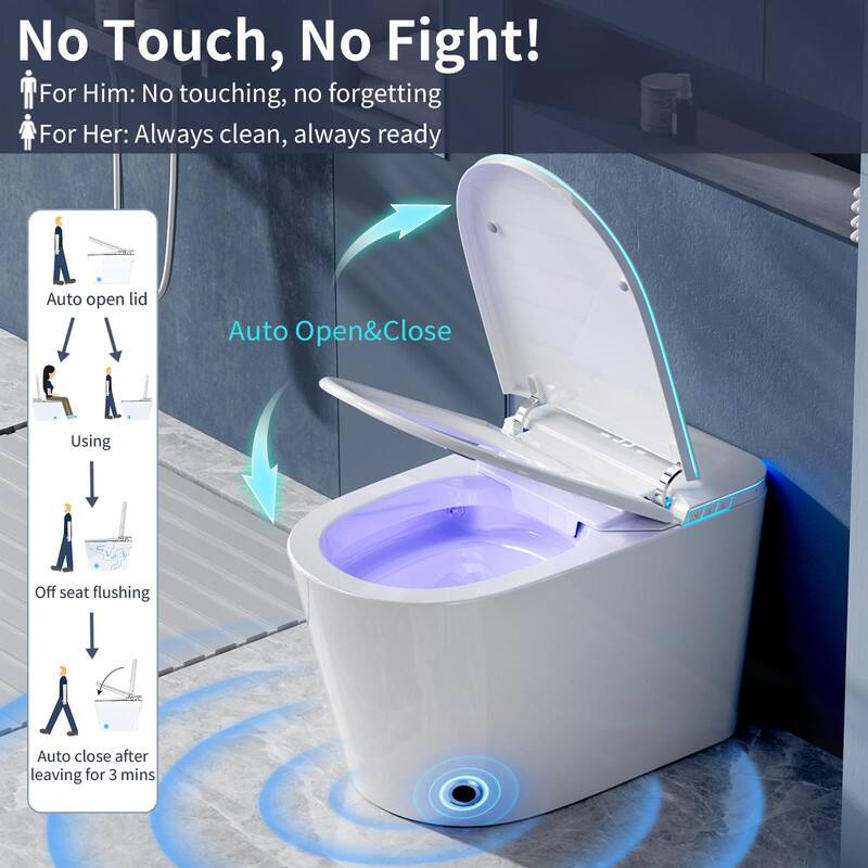 No Touch, No Fight!

For Him: No touching, no forgetting  
For Her: Always clean, always ready

Auto Open&Close

- Auto open lid
- Using
- Off seat flushing
- Auto close after leaving for 3 mins
