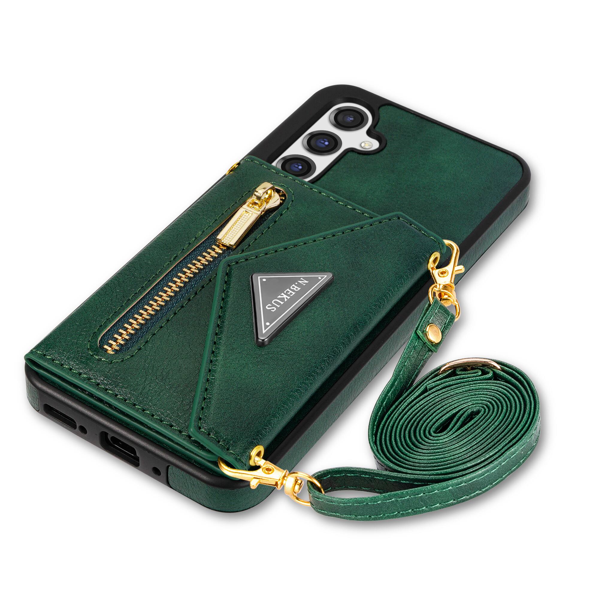 Alt View 4. Dteck - Crossbody Wallet Case for Samsung Galaxy S26, Shockproof PU Leather Stand Cover with Zipper Pocket and Card Slots - Green.