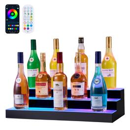 VEVOR - LED Lighted Liquor Bottle Display, 3 Tiers 24 inches, Supports USB, Acrylic Illuminated Home Bar Shelf Display - Black + White