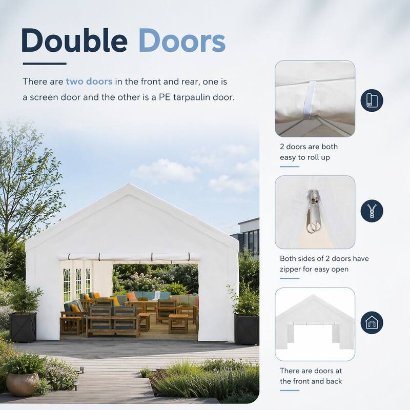 Double Doors

There are two doors in the front and rear, one is a screen door and the other is a PE tarpaulin door.

2 doors are both easy to roll up

Both sides of 2 doors have zipper for easy open

There are doors at the front and back
