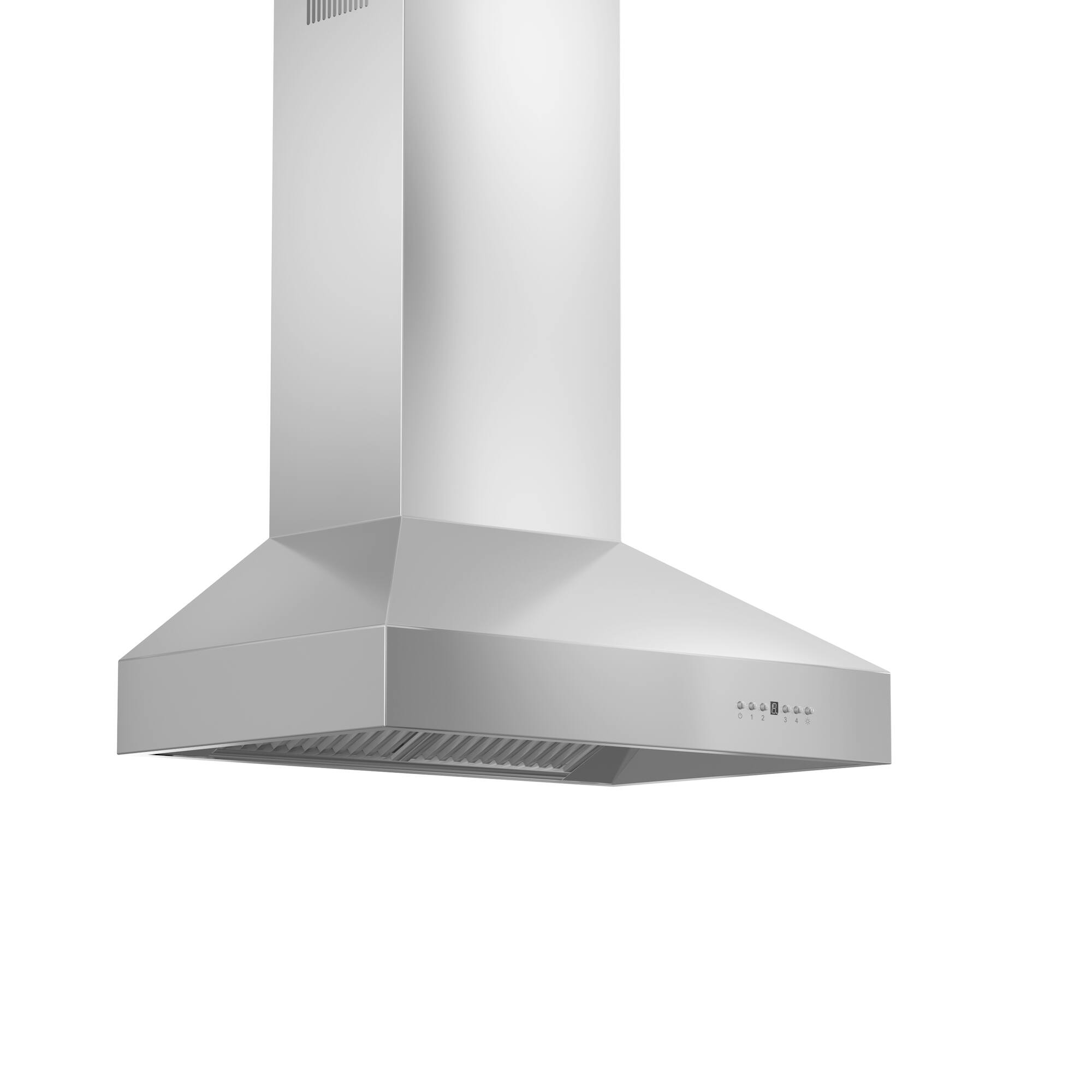The image shows a stainless steel range hood with a silver finish. It has a sleek design and is mounted above a stove. The range hood is made of metal and has a modern appearance.