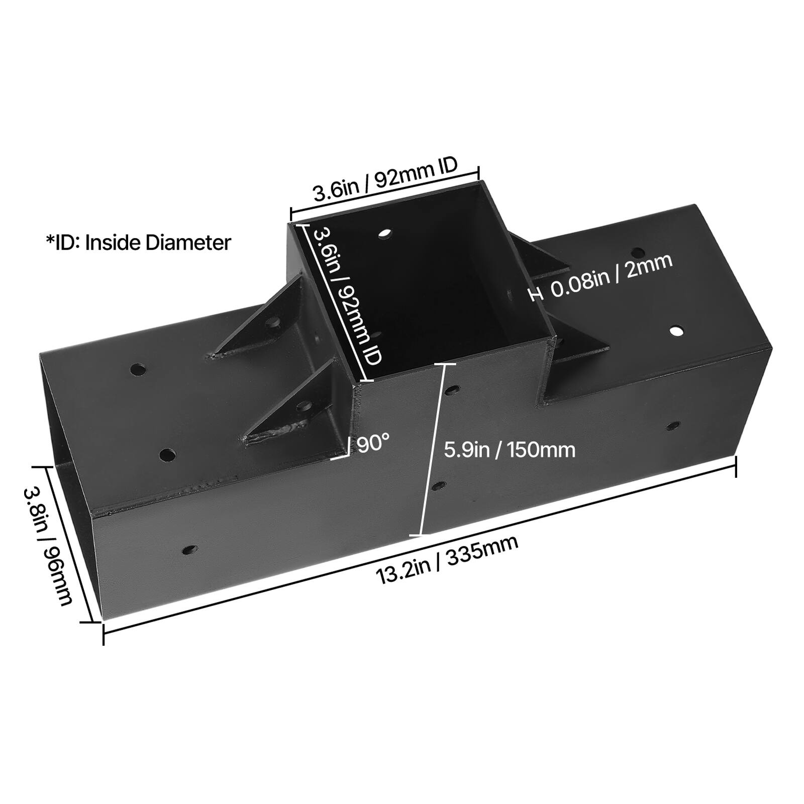 *ID: Inside Diameter

- 3.6in / 92mm ID
- 3.8in / 96mm
- 5.9in / 150mm
- 13.2in / 335mm
- H 0.08in / 2mm
- 90°