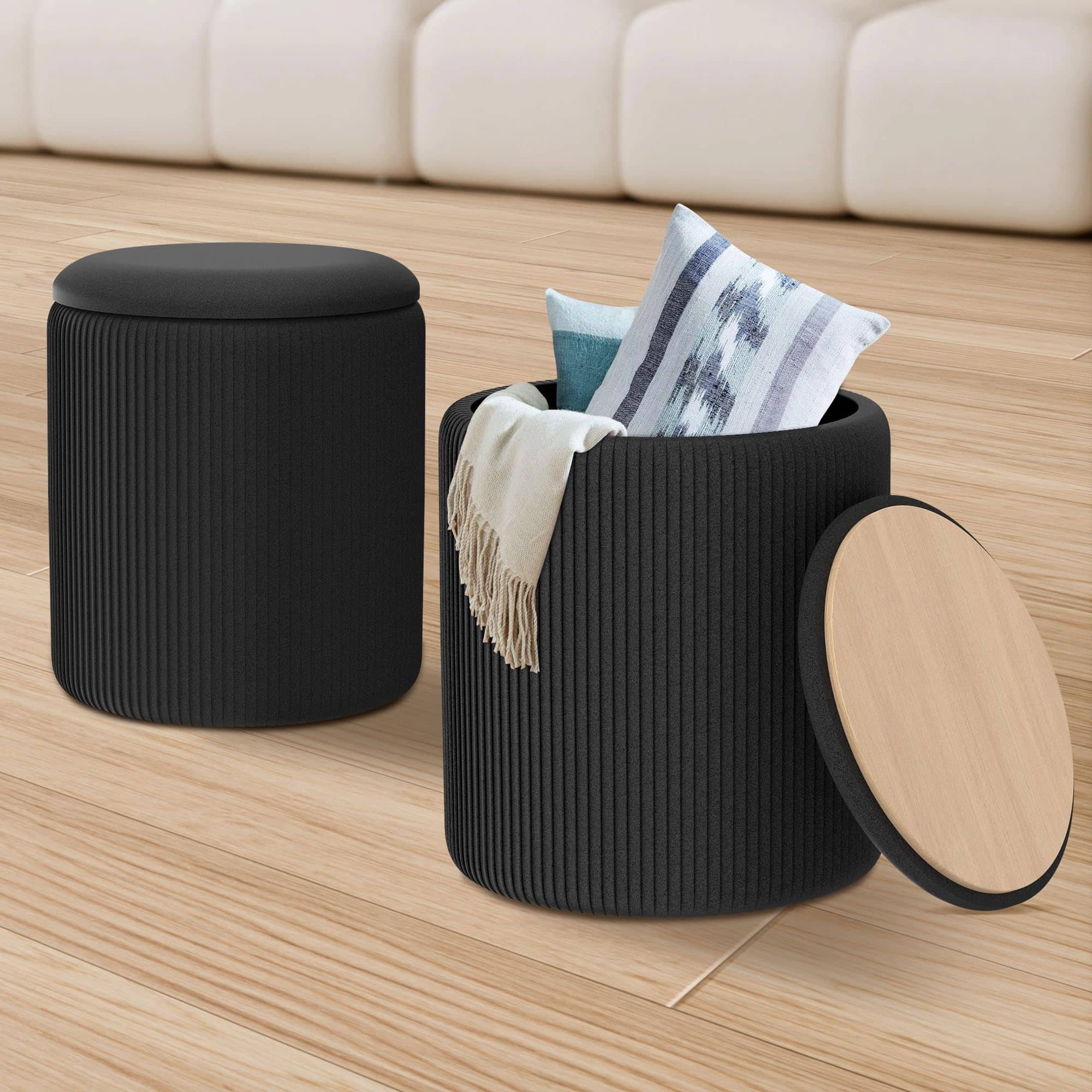 JETRANSPORT - Round Ottoman Storage Upholstered Pouf Foot Rest Dorm Boho Coffee Table Stools Cute Circle Multifunctional - Black