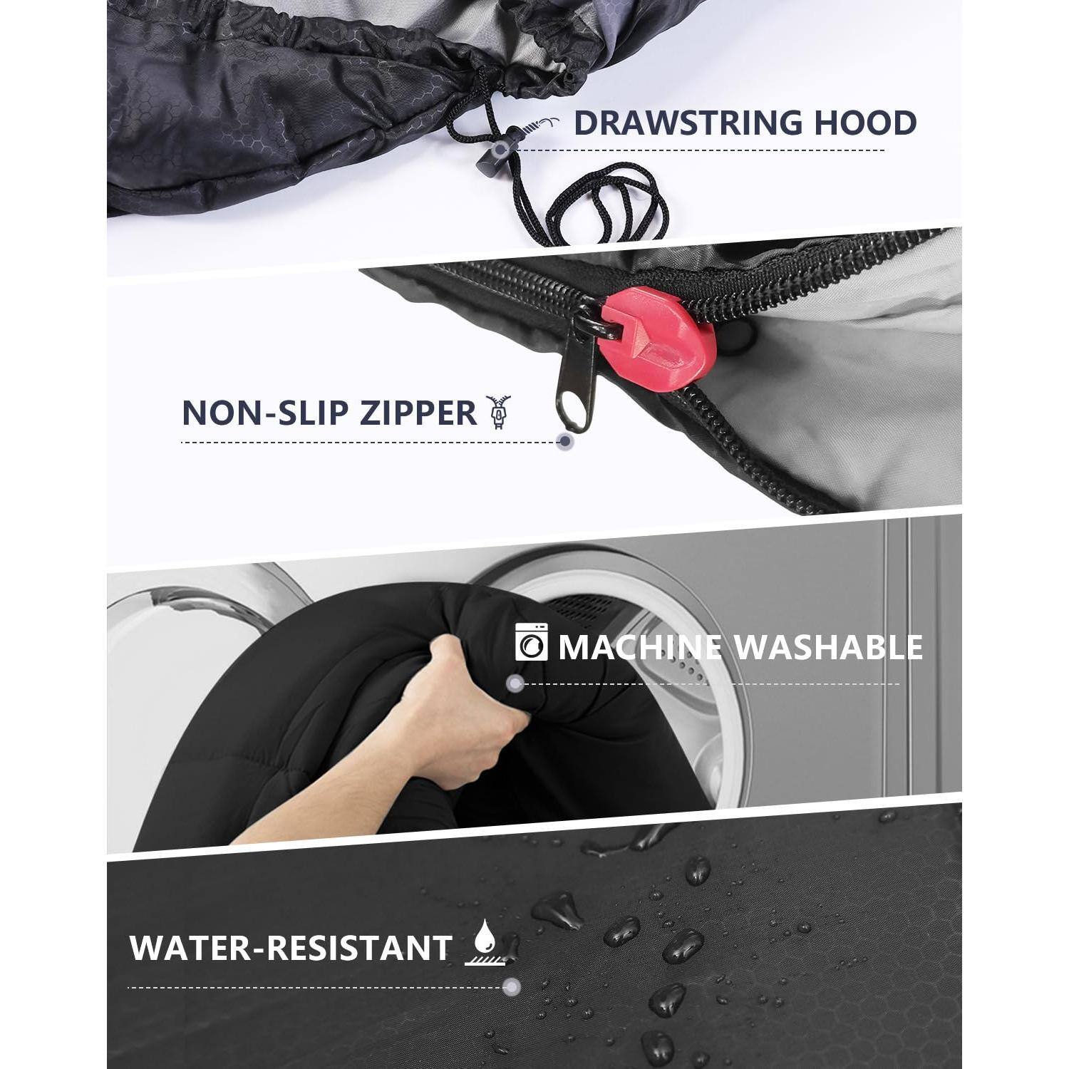 - DRAWSTRING HOOD
- NON-SLIP ZIPPER
- MACHINE WASHABLE
- WATER-RESISTANT