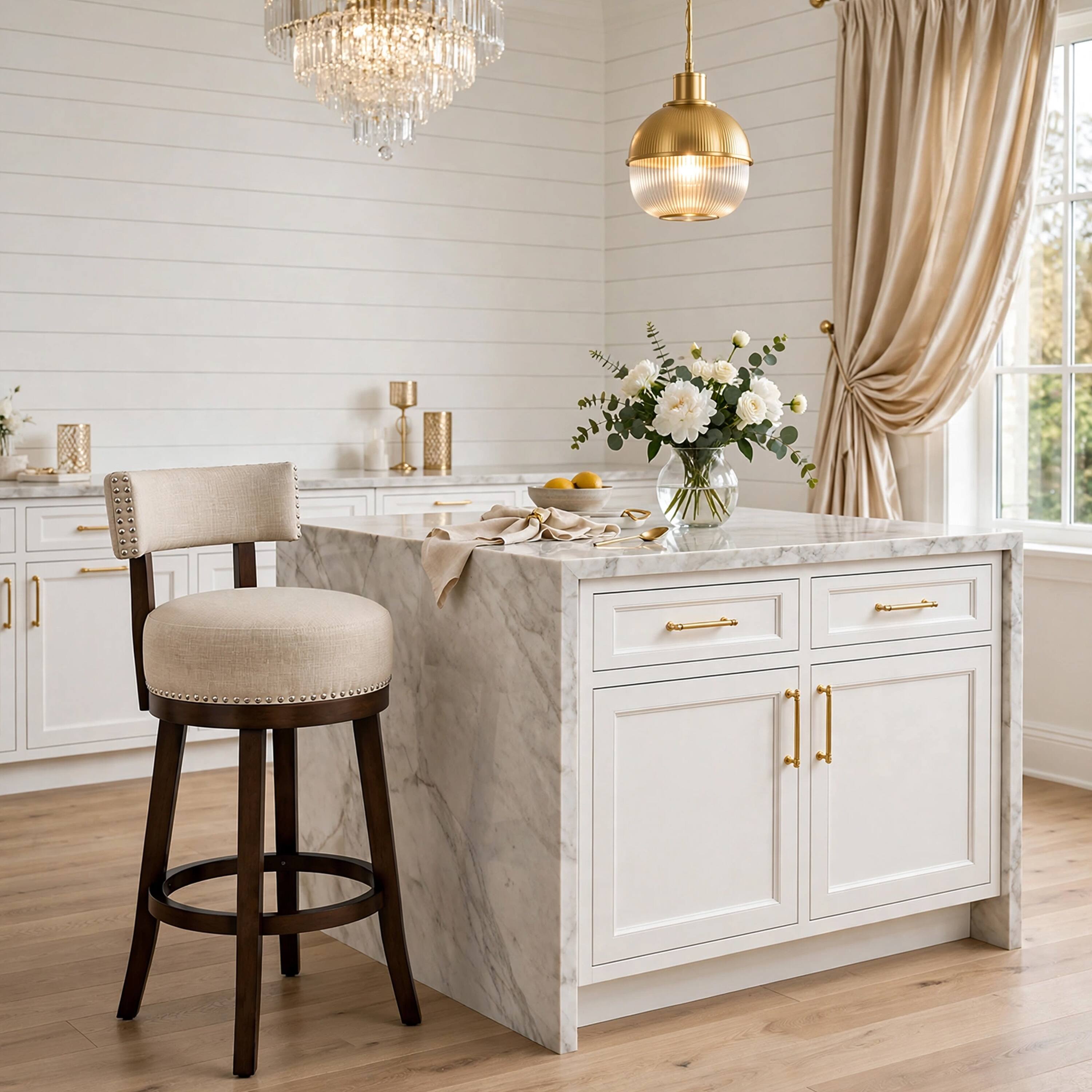 Alt View 2. Manhattan Lane - Lynsey Contemporary 24"Barstool With linen Cushion, Set of 2 - Dark Oak, Beige.