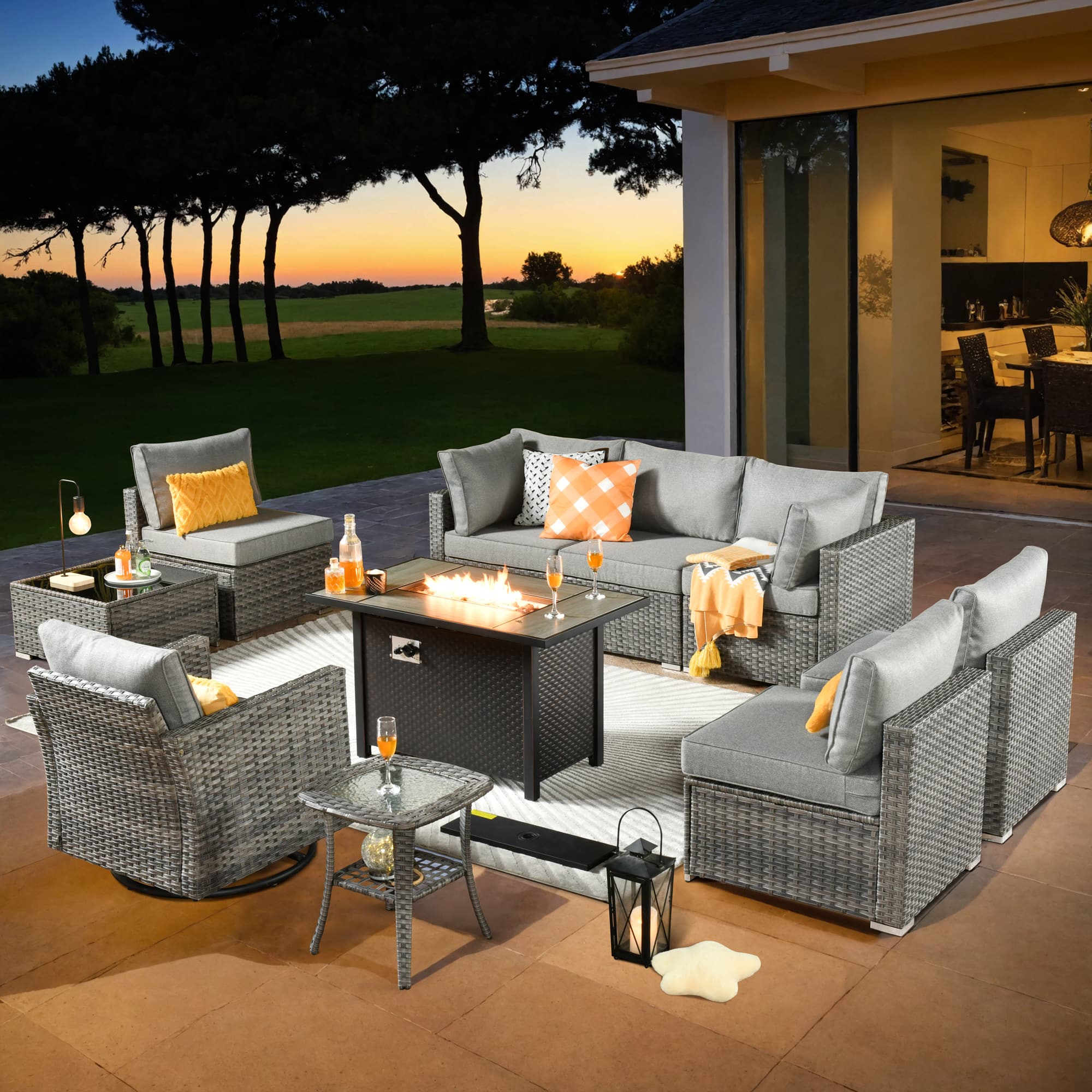 Ovios - 10 PCS Patio Furniture Set, Sectional Sofa with Swivel Chair, Coffee Table & 42" Fire Pit Table - Dark Gray