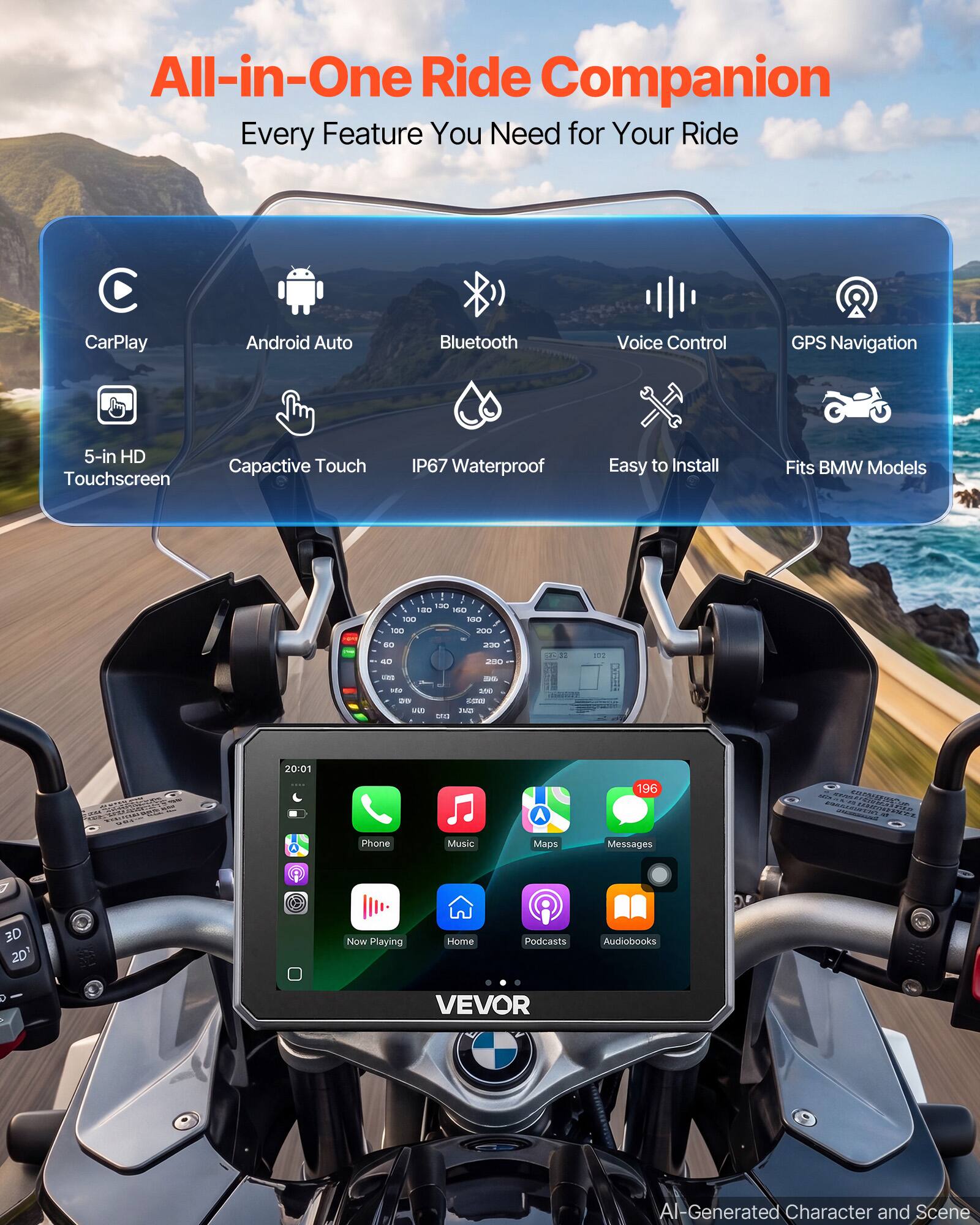All-in-One Ride Companion  
Every Feature You Need for Your Ride

- CarPlay
- Android Auto
- Bluetooth
- Voice Control
- GPS Navigation
- 5-in HD Touchscreen
- Capacitive Touch
- IP67 Waterproof
- Easy to Install
- Fits BMW Models

100 180 360 100 100 100 200  
60 4D  
230 250  
7-32 **  
102  
uns 80 is  
50  
2010. 200 - IVO  
www.  
20:01  
A  
196  
us TWONROOOOOOMM ~  

Phone  
Music  
Maps  
Messages  
3D 2D  
Now Playing  
Home  
Podcasts  
Audiobooks  

VEVOR  
AI-Generated Character and Scene