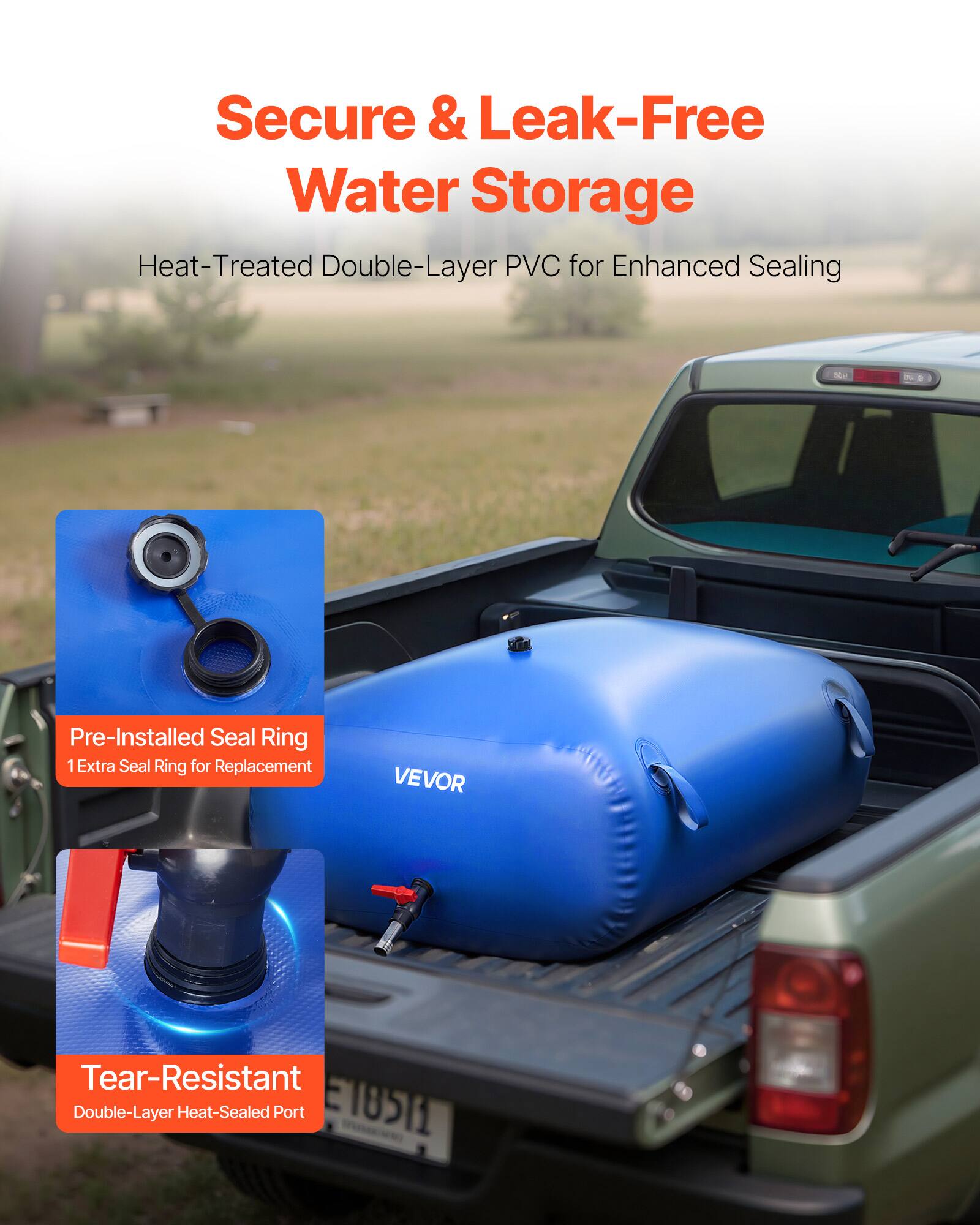 Secure & Leak-Free Water Storage  
Heat-Treated Double-Layer PVC for Enhanced Sealing  
Pre-Installed Seal Ring  
1 Extra Seal Ring for Replacement  
Tear-Resistant Double-Layer Heat-Sealed Port