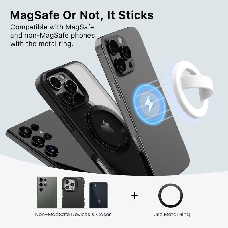 MagSafe Or Not, It Sticks Compatible with MagSafe and non-MagSafe phones with the metal ring. + Non-MagSafe Devices & Cases Use Metal Ring