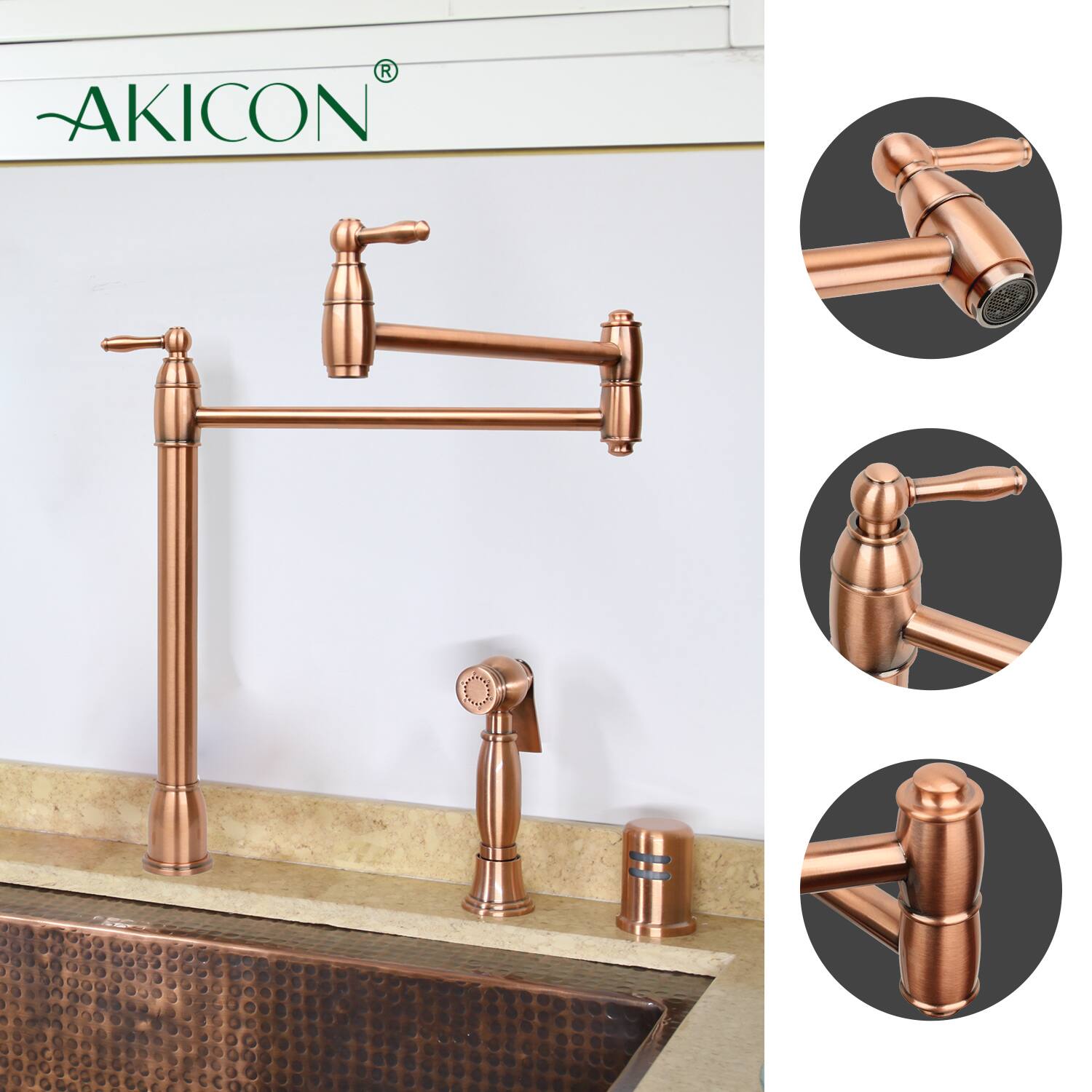 Alt View 2. Akicon - Akicon Solid Brass Deck-Mounted Pot Filler Kitchen Faucet with Dual Joint Swing Arms in Copper - Copper.