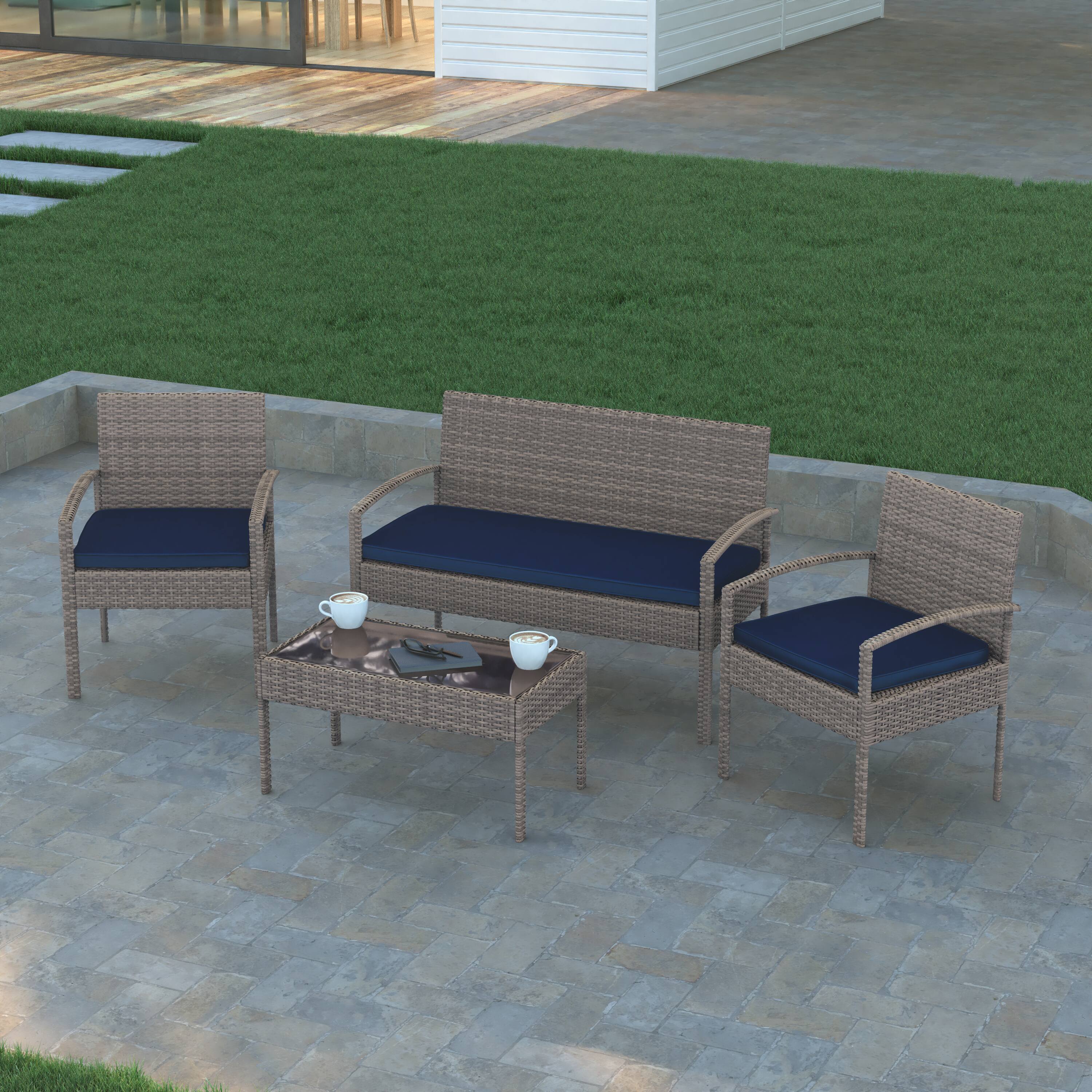 Alt View 3. Emma + Oliver - 4 Piece Patio Set with Steel Frame and Cushions - Outdoor Seating - Navy Cushions/Light Gray Frame.