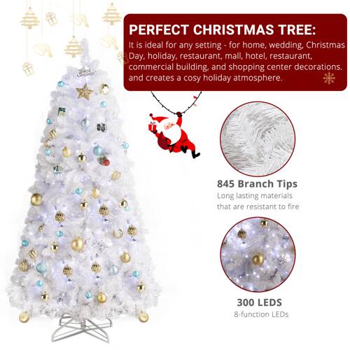 PERFECT CHRISTMAS TREE:  
It is ideal for any setting - for home, wedding, Christmas Day, holiday, restaurant, mall, hotel, commercial building, and shopping center decorations. and creates a cosy holiday atmosphere.  

845 Branch Tips  
Long lasting materials that are resistant to fire  

300 LEDs  
8-function LEDs