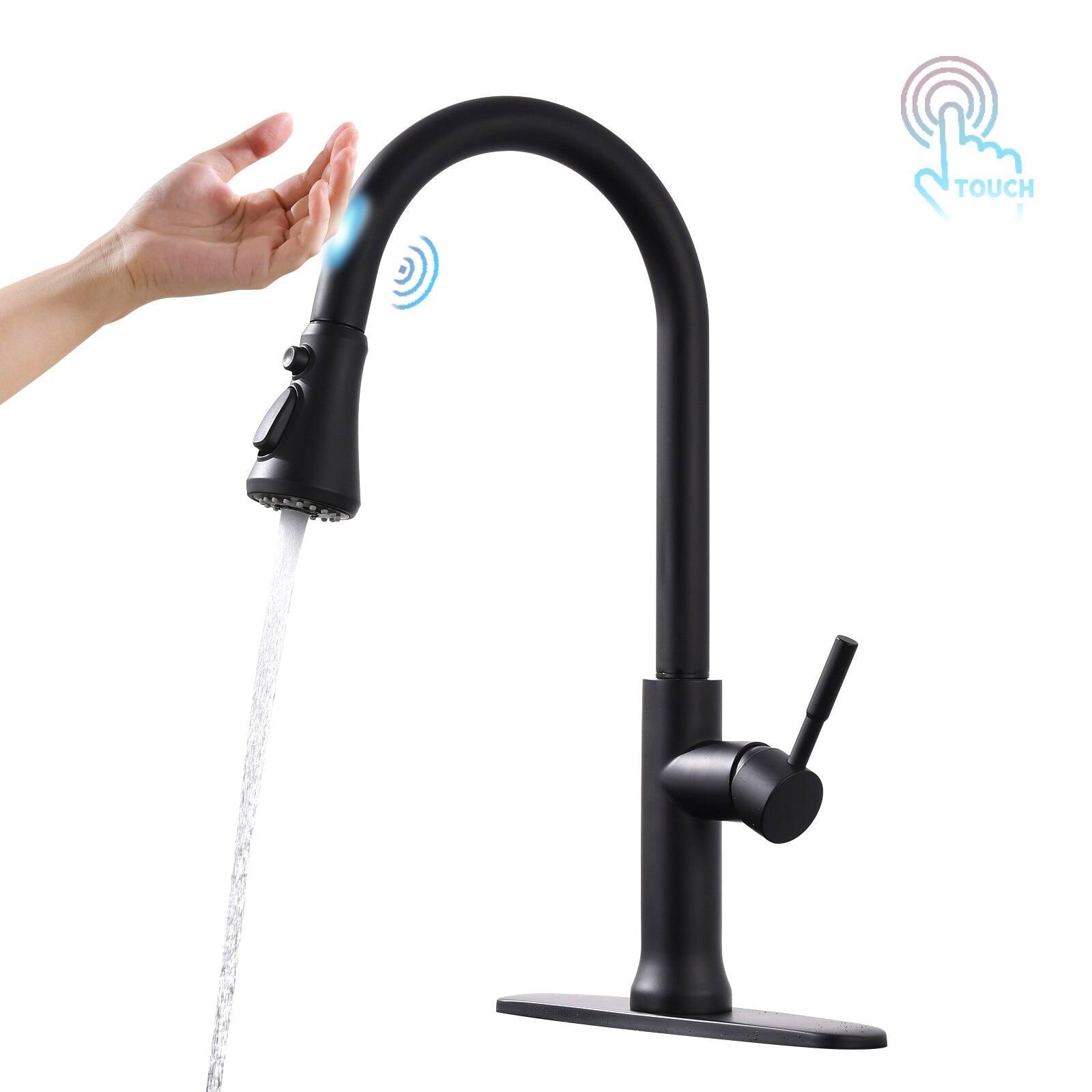 Alt View 1. Boyel Living - Matte Black Single Handle Sensor Activation Pull Out Sprayer Kitchen Faucet with Deck Plate Included - Matte Black.
