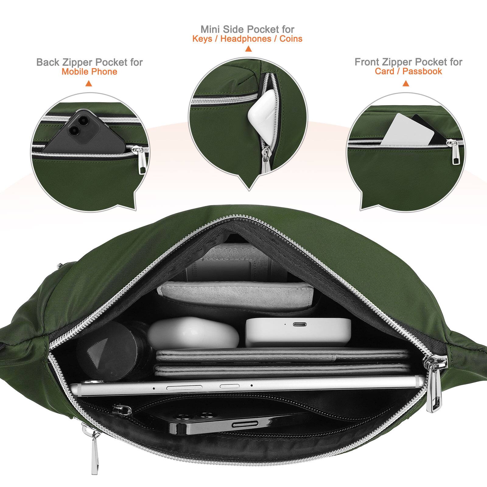 - Mini Side Pocket for Keys / Headphones / Coins
- Back Zipper Pocket for Mobile Phone
- Front Zipper Pocket for Card / Passbook