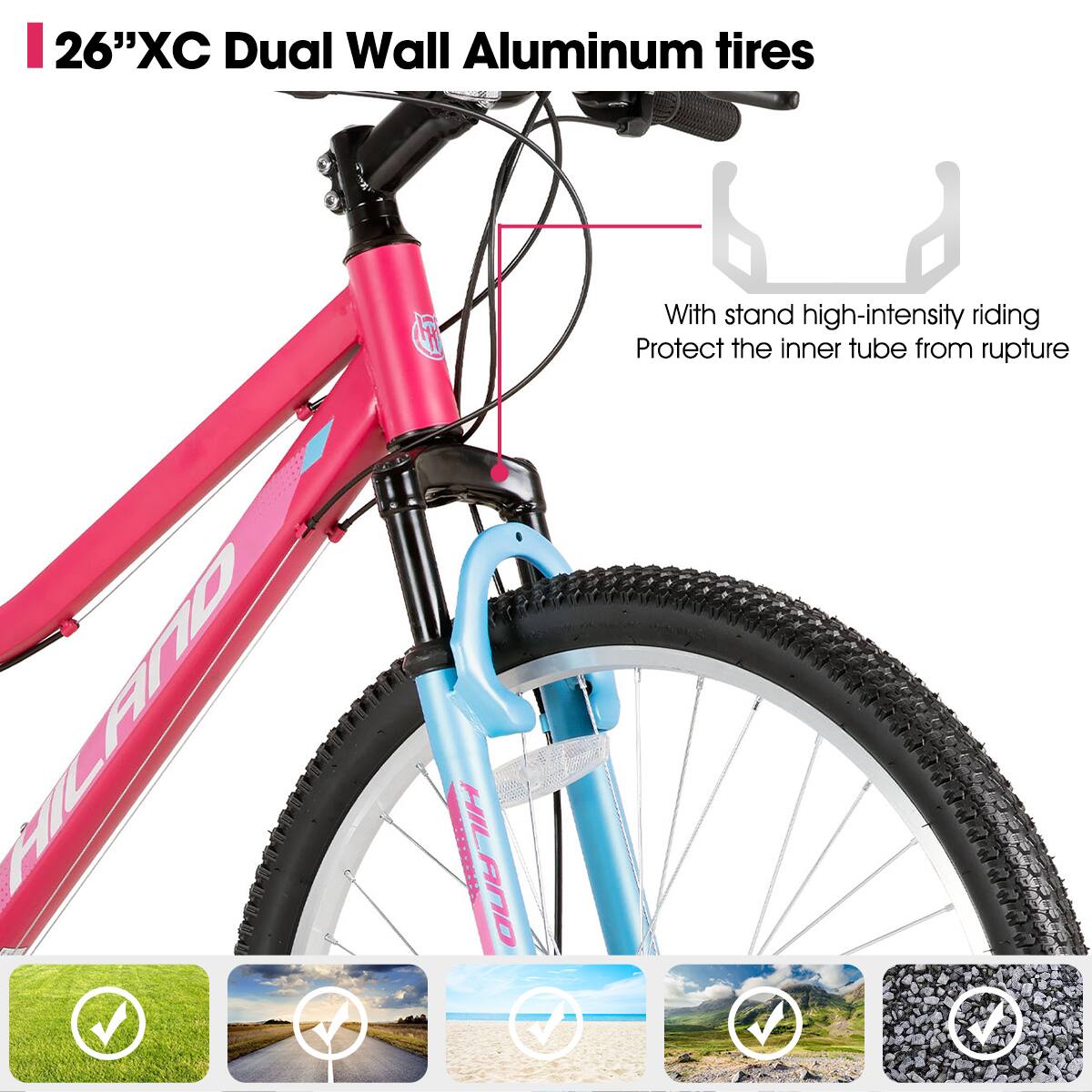 26"XC Dual Wall Aluminum tires

Withstand high-intensity riding
Protect the inner tube from rupture