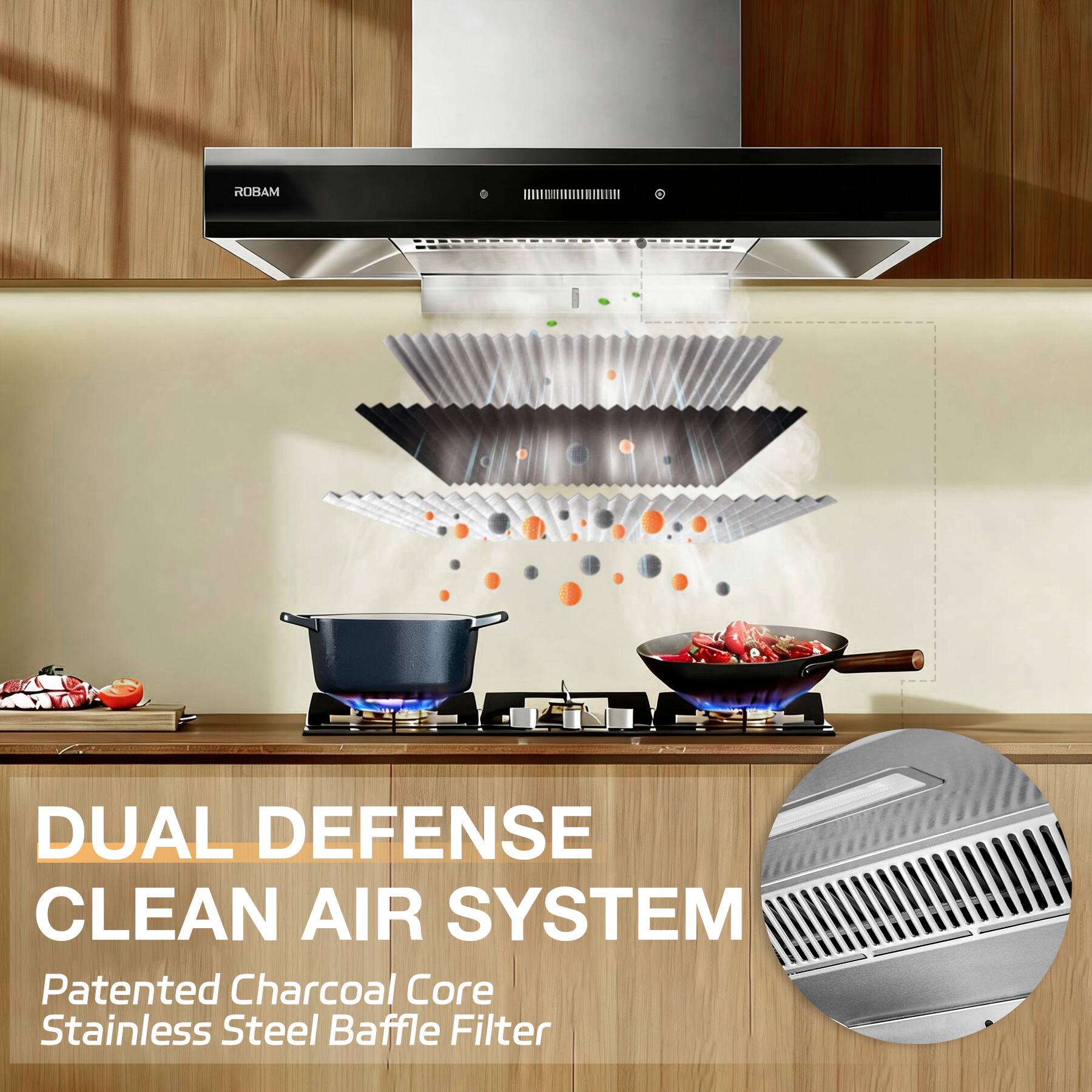 ROBAM  
DUAL DEFENSE CLEAN AIR SYSTEM  
Patented Charcoal Core Stainless Steel Baffle Filter