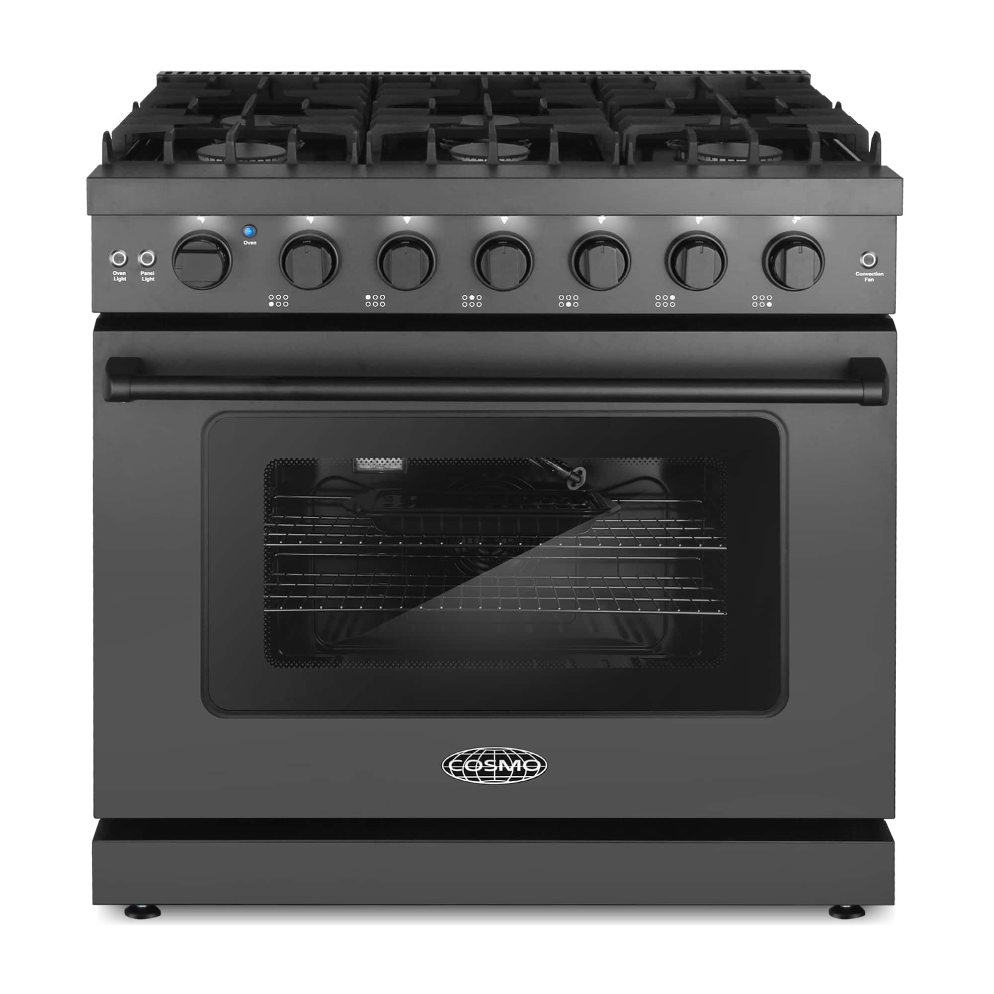 COSMO - COS-EPGR366-BK 36 in. Haven Collection 6.0 cu. ft. Gas Range, 6 Burners, Convection Oven, Knob LEDs, Storage Drawer - Matte Black