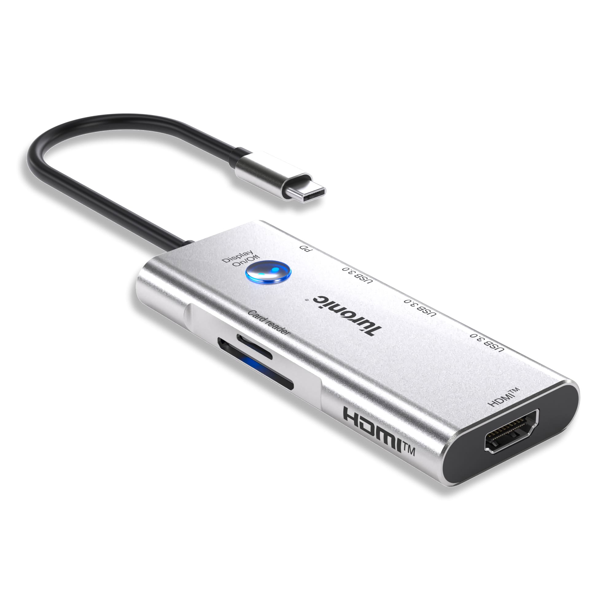 Turonic - BYL-2425 usb hub USB-C 7-in-1 with 100W PD, HDMI™ 4K@60Hz, 3 USB 3.0 5Gbps, SD/MicroSD Reader - Silver