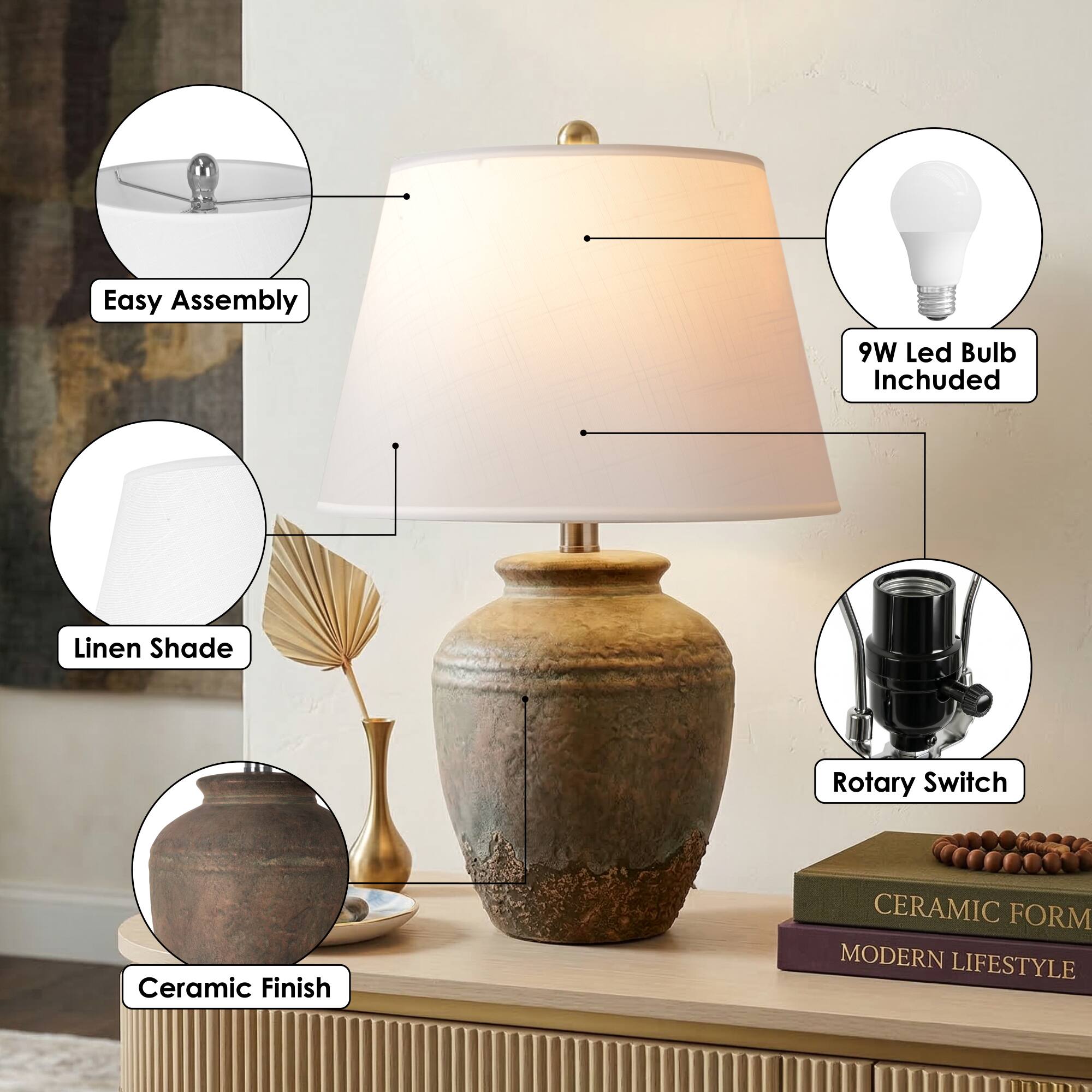 Easy Assembly  
9W Led Bulb Included  
Linen Shade  
Rotary Switch  
Ceramic Finish  
CERAMIC FORM MODERN LIFESTYLE