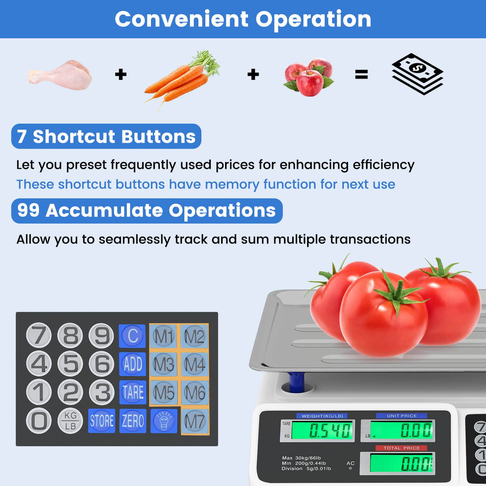 Convenient Operation

7 Shortcut Buttons
Let you preset frequently used prices for enhancing efficiency
These shortcut buttons have memory function for next use

99 Accumulate Operations
Allow you to seamlessly track and sum multiple transactions

Max 30kg/66lb
Min 200g/0.44lb
Division 5g/0.01lb

AC
UNIT PRICE
TOTAL PRICE

WEIGHT(KG/LB)
0.540
0.00

STORE
ZERO
TARE
KG
LB

M1 M2
M3 M4
M5 M6
M7