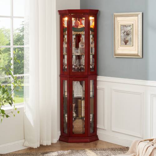 Angle. LUCKY ONE - 15.35'in Freestanding Corner Curio Cabinet with Tempered Glass Shelves LED Light for Bar Collectibles - Cherry.
