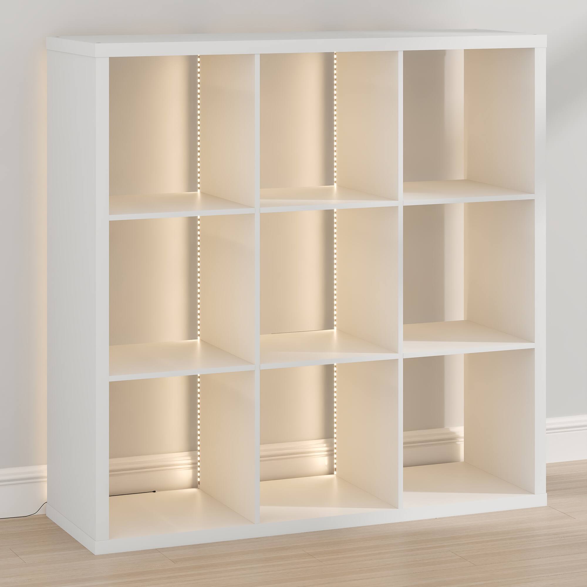 Alt View 4. Furinno - CUBICLE Book Shelf with LED Lights, 9-Cube LED Bookshelf, Reversible Extra Thick Frame Bookcase, Display Storage Shelves - White.