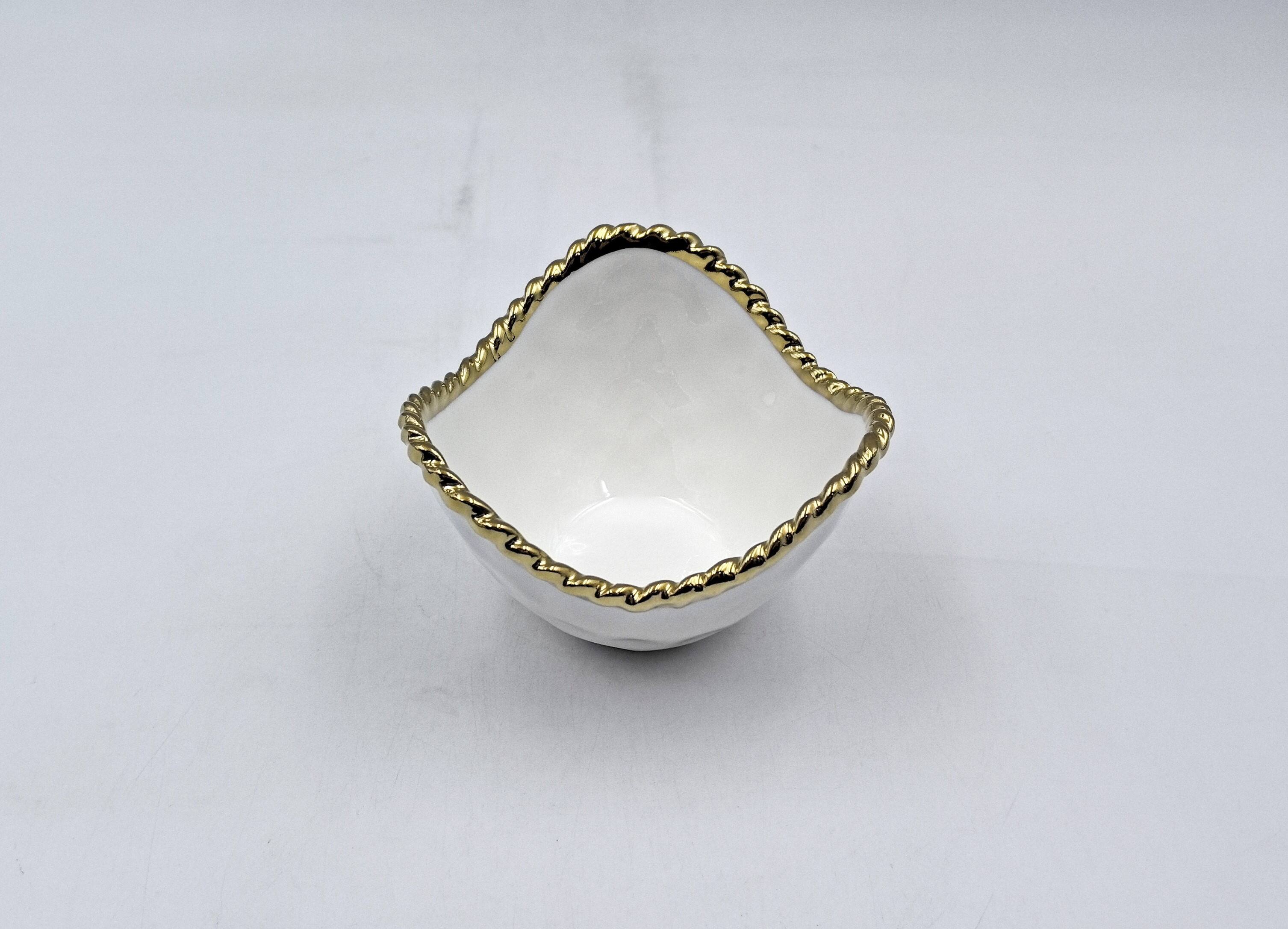 Front. Jiallo - 4" Contemporary Gold Rope Mini Snack Bowl – Modern Decorative Serving Bowl with Rope‑Style Rim - White.