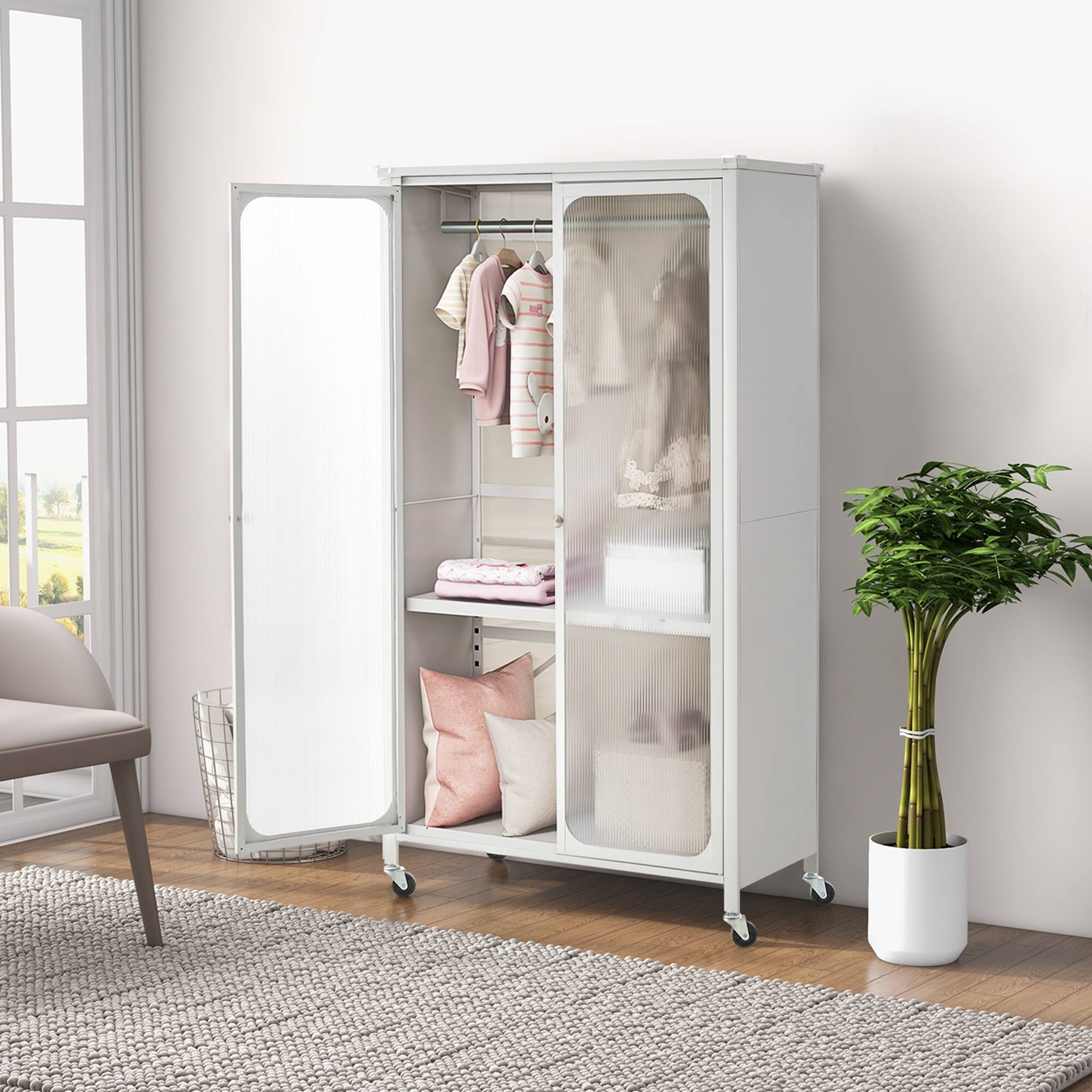 Alt View 3. Costway - Costway Storage Wardrobe Cabinet Mobile Armoire Closet with Hanging Rod & Adjustable Shelf - White.