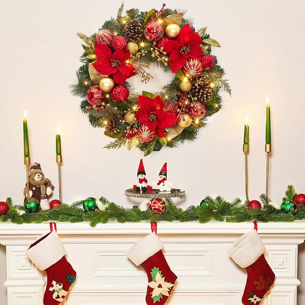 Back. RTMB - 24" Battery-Operated Christmas Wreath w/ Lights & Flower Ball Ornaments - Red Gold.