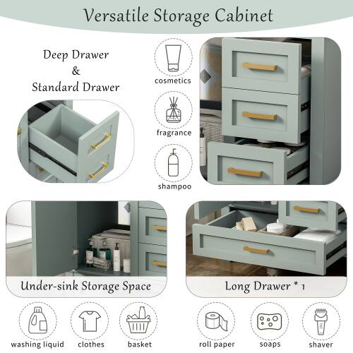 Versatile Storage Cabinet

Deep Drawer & Standard Drawer
- cosmetics
- fragrance
- shampoo

Under-sink Storage Space

Long Drawer *
- washing liquid
- clothes
- basket
- roll paper
- soaps
- shaver