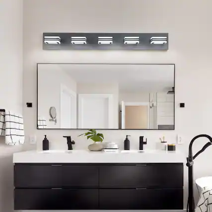 Front. LUCKY ONE - 32in Wall Mount LED Vanity Light, 5-Light Black Fixture with Square Acrylic Shades for Bathroom - Black.