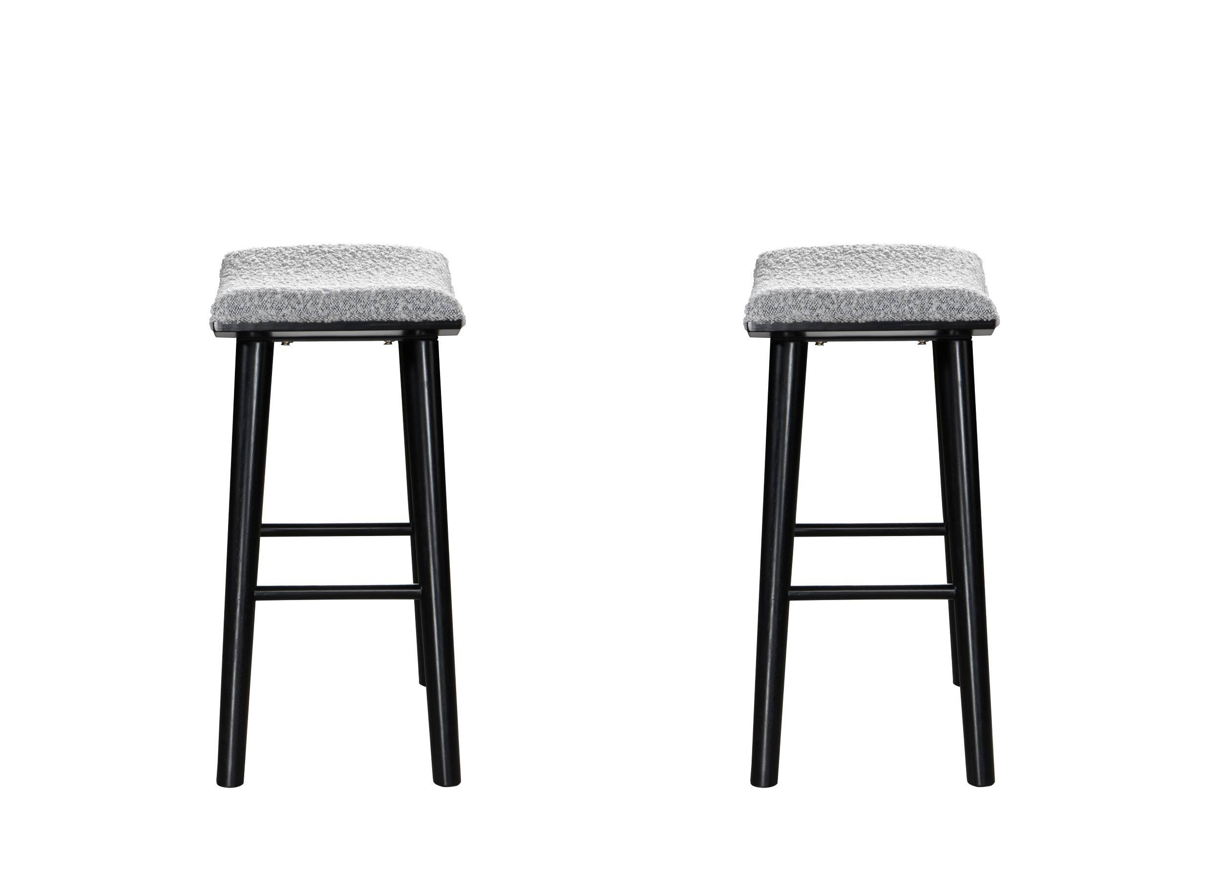 Alt View 4. LuXeo - Luna 24 in. Black Backless Wood Saddle Counter Stools with Gray Boucle Fabric Seat (Set of 2) - Black/Gray.